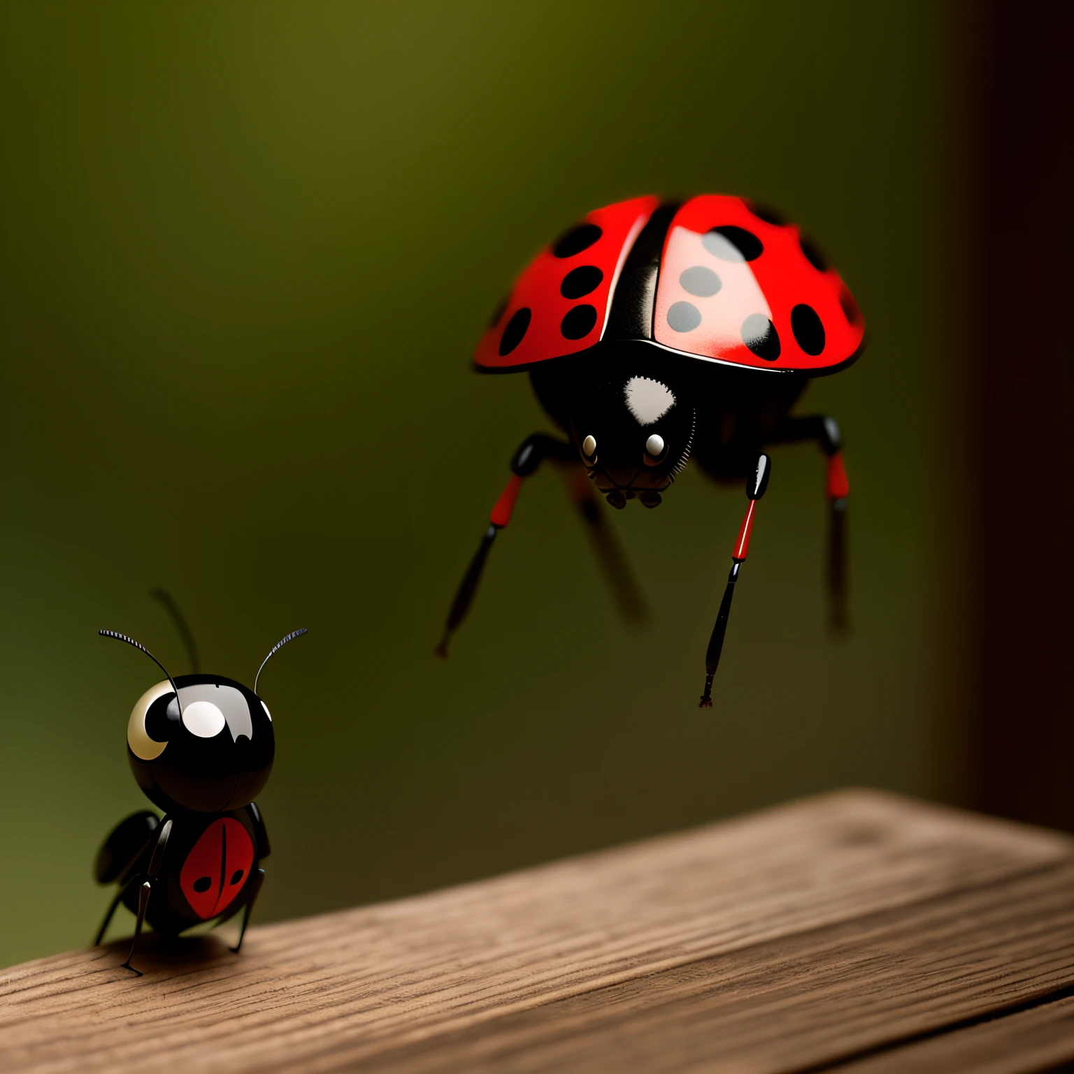 There's a ladybug that's sitting on a wooden table, huge ladybug mothership, ladybug robots, Joaninha como um monstro, joaninha, huge ladybug motherships, manchado ultra realista, Joaninhas, friendly humanoid insect robot, bug, brinquedo altamente detalhado, foto de retrato em close-up, taken with sony a7r camera, Bugs, foto de retrato, Hobbits Joaninha