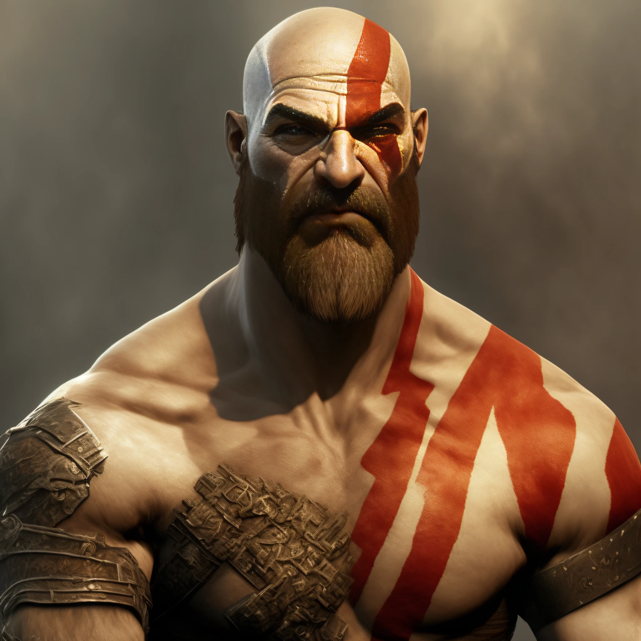 kratos God of War 2005, Foto realista, perfil, careca, barbicha, igual dos games