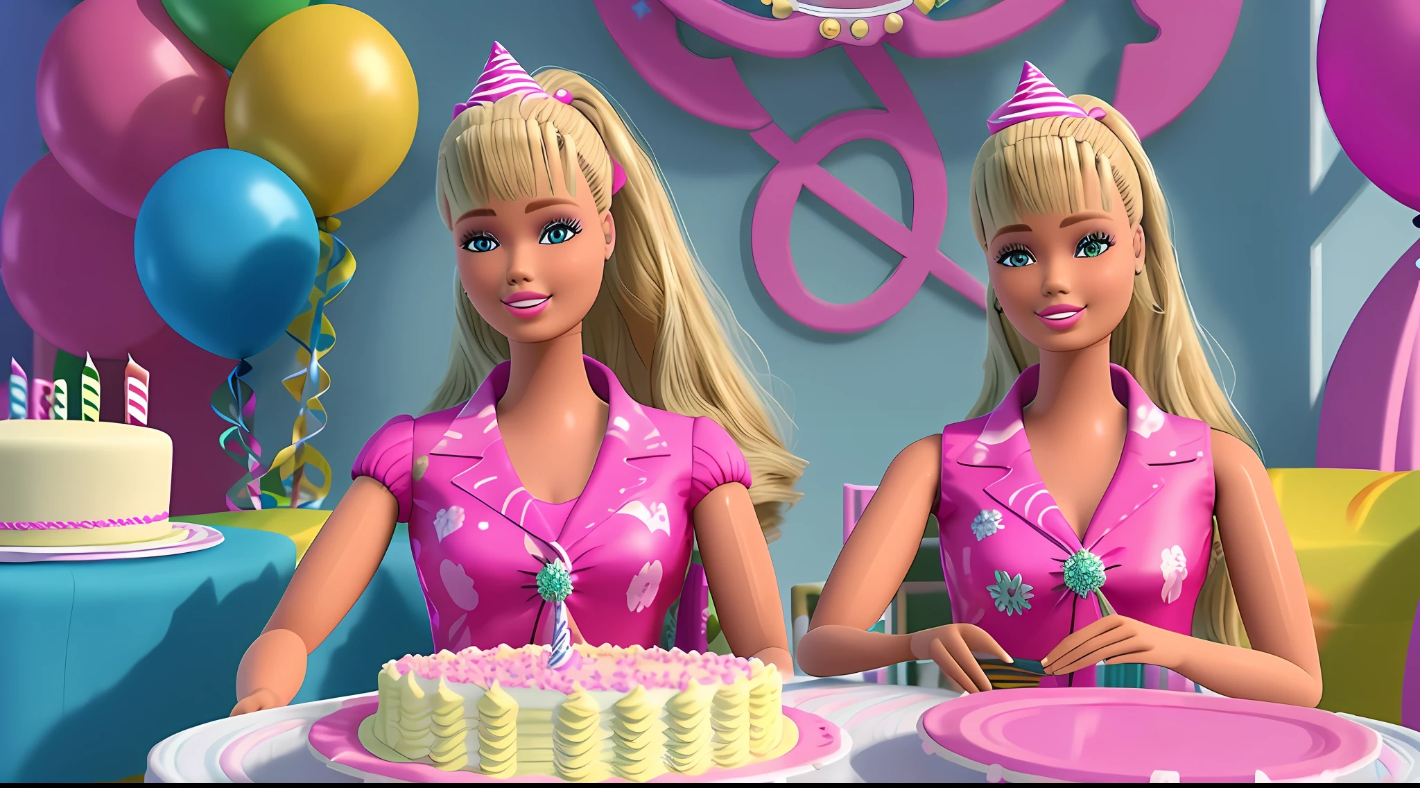 Barbie doll, Birthday, cabello rubio, birthday party, (obra maestra, La mejor calidad), Altas Resoluciones, (8k, foto RAW, highest qualityr), hiperrealista, ....3d, centrado, (TS_Barbie), (Perfect lighting and composition:1),Soft lighting, (High detail, 8K resolution:1), HDR:0.7, Cara detallada, perfecto, (dynamic), pose, (alta calidad:1.2), plastic skin, ((brillante:1.3)), friends, indoor party, birthday cake, balloons, birthday gifts, regalo