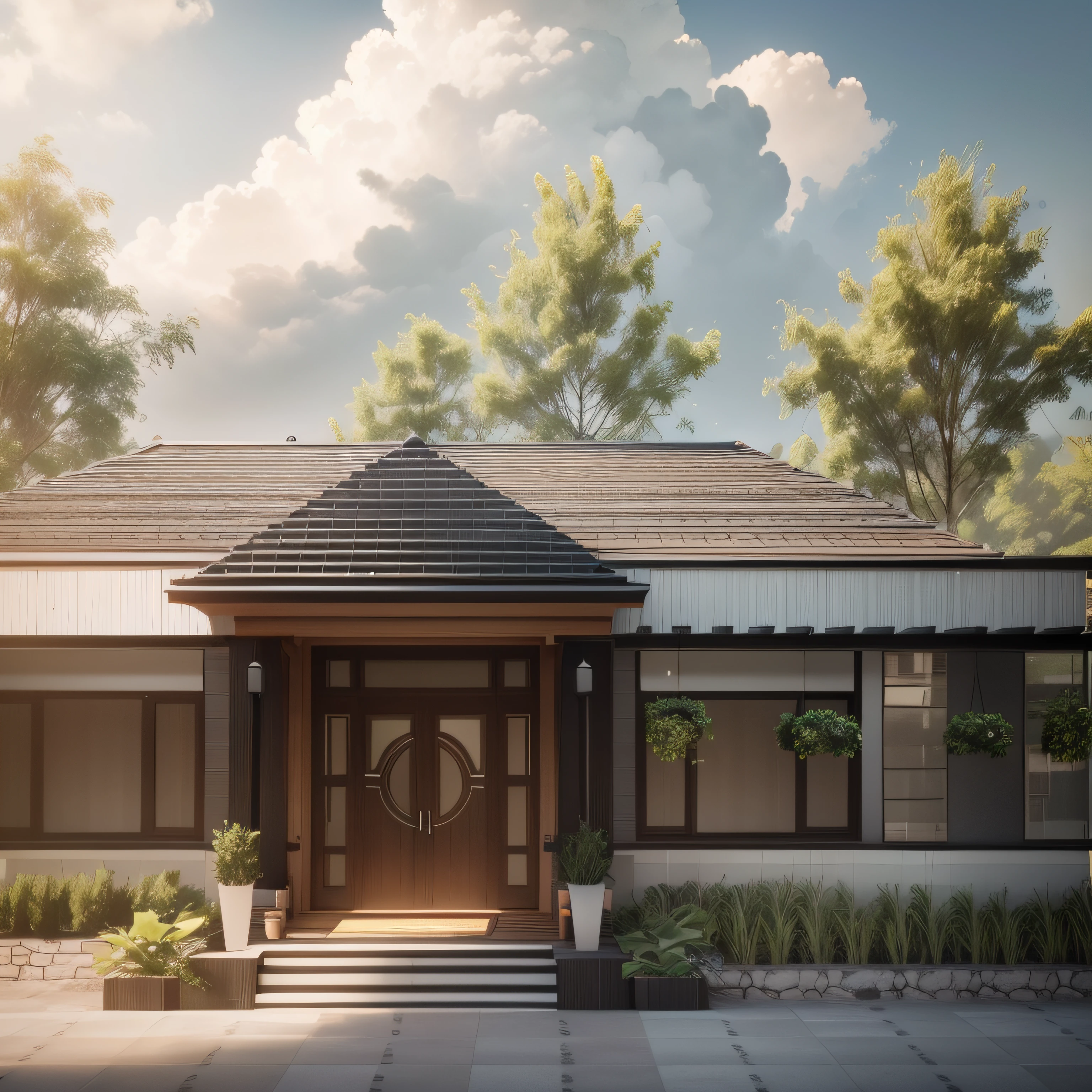 a rendering of a small house with a front porch and a front door, exterior design, modern style, --auto