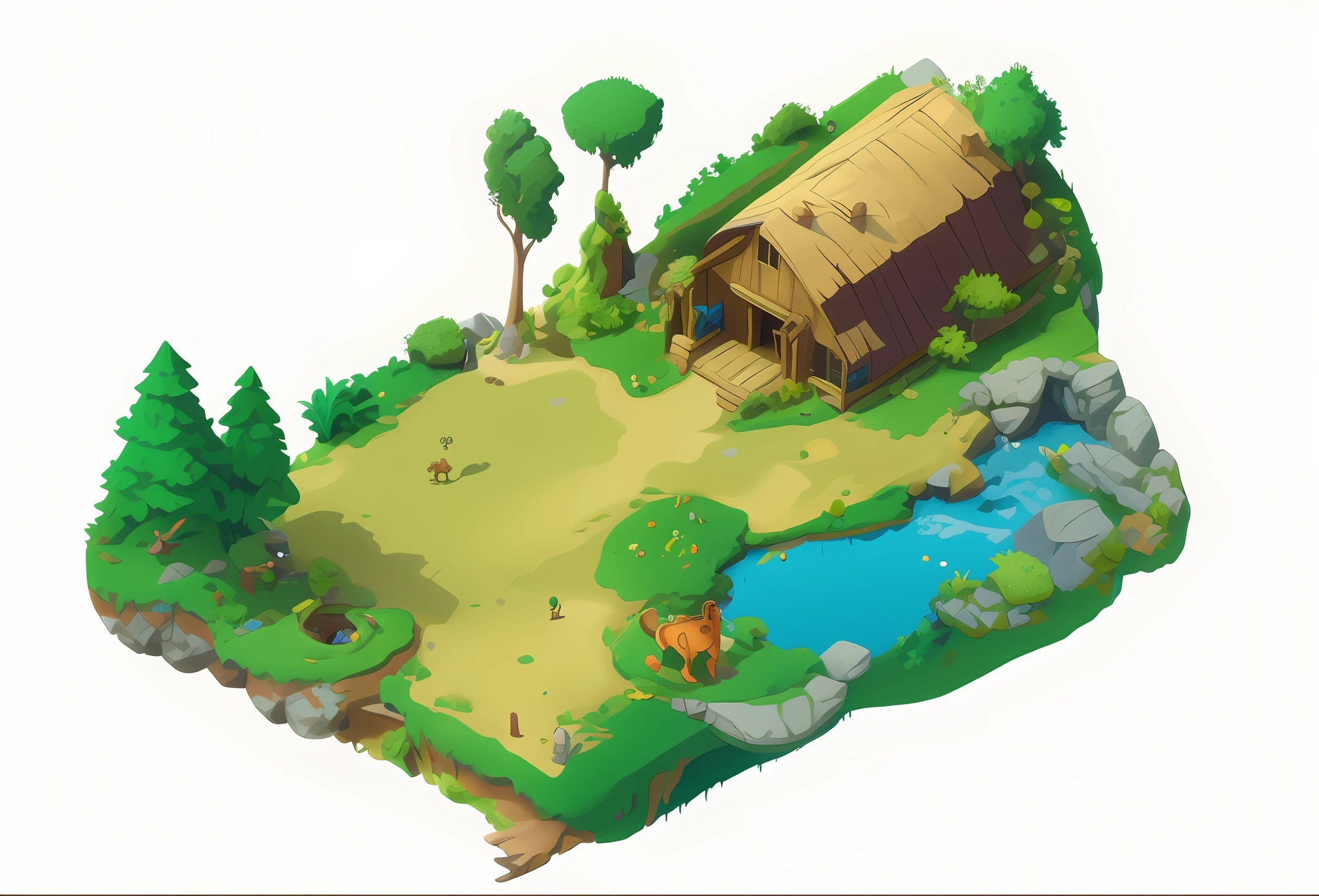 A high resolution,HighestQuali,illustratio,Game scene design,zoo,Top angle of view,Game scene concept design,European and American cartoon style,casual-style,American Zoo,Zoos should have trees,steins,One or two animals,tussock,bushi,pond,2.5D,Stereoscopic,European and American realism