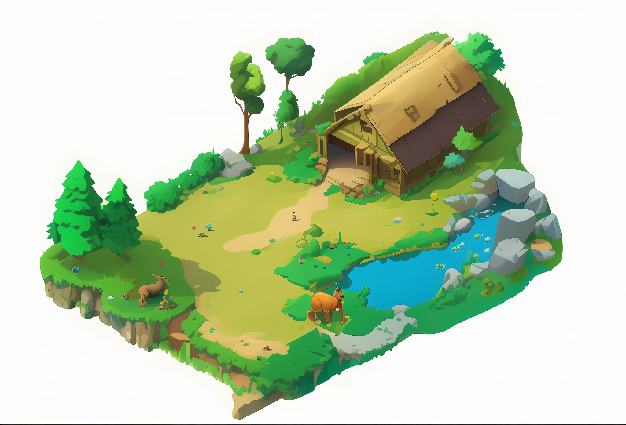A high resolution,HighestQuali,illustratio,Game scene design,zoo,Top angle of view,Game scene concept design,European and American cartoon style,casual-style,American Zoo,Zoos should have trees,steins,One or two animals,tussock,bushi,pond,2.5D,Stereoscopic,European and American realism