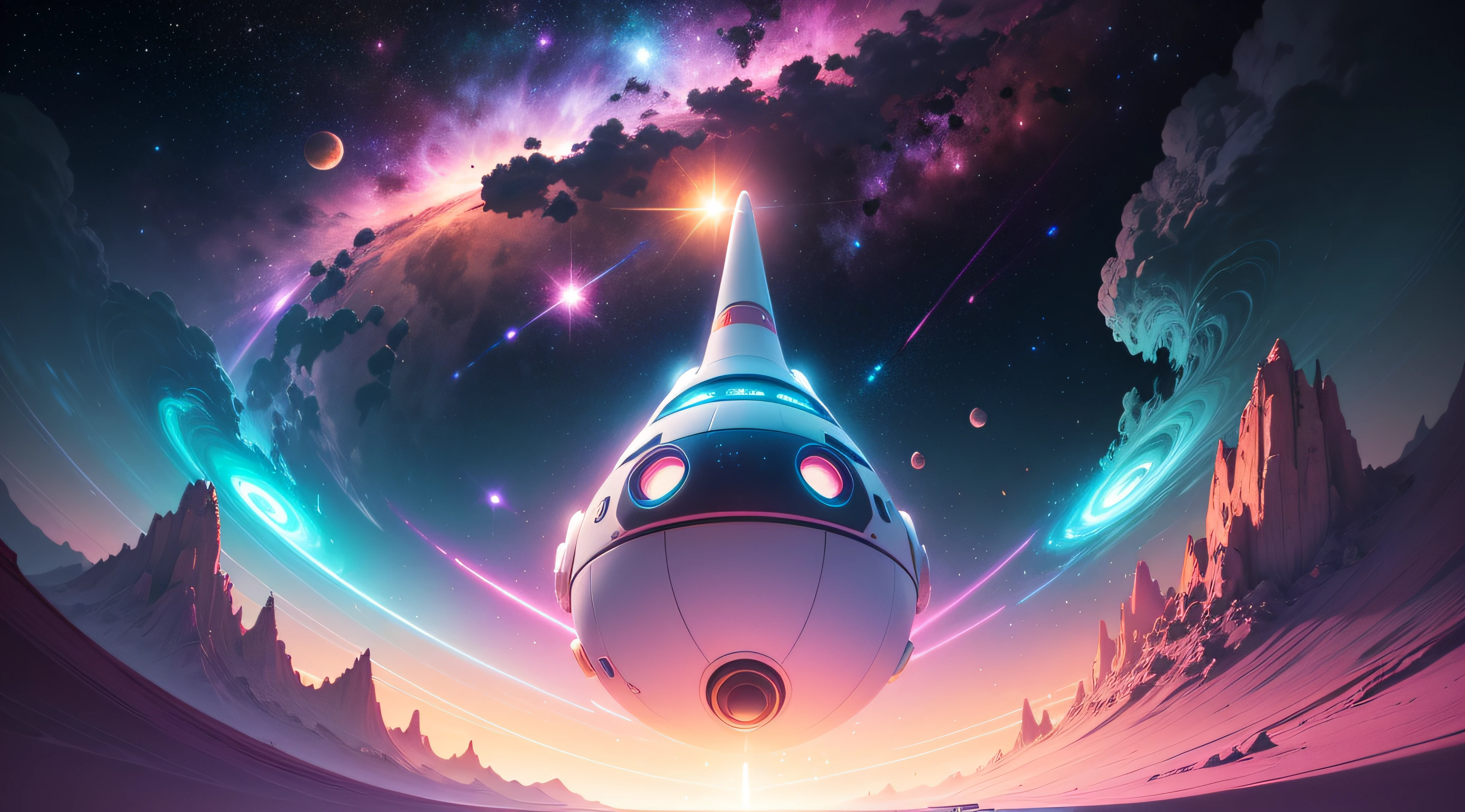 Pixar animation style UP design - light colorful palet, open shot, Space scene - one white cylindrical shape Spaceship rocket with 2 round windows red - gold - silver color in front. Background bright stars - saturn planet - few planets floating in space, background Fluorescent green nebulae, Fluorescent light blue nebulae, midground deep bright blue space, backgropund, nebulae magenta is sky pink --auto