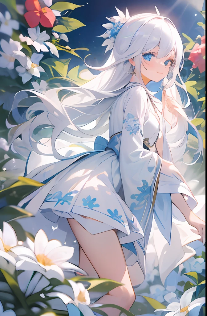 (Masterpiece), (Highest image quality) ,ultra - detailed, The girl with white hair focuses on her smiling face and deep blue eyes, White clothes and small floral ornaments, Light and shadow flow, Show its freshness, Gentle temperament,with perfect legs,perfect foot