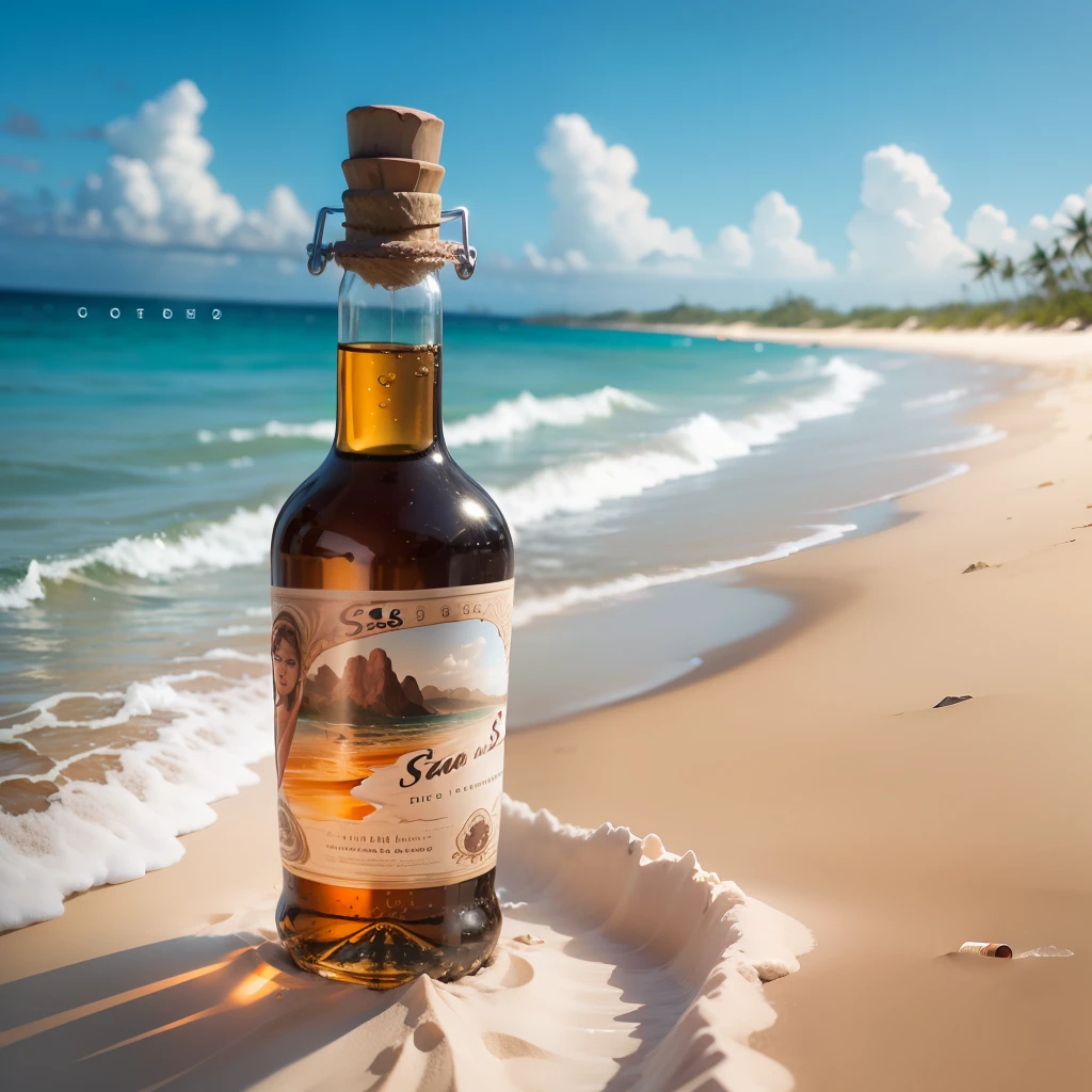 a bottle of rum in white sand beach --auto --s2