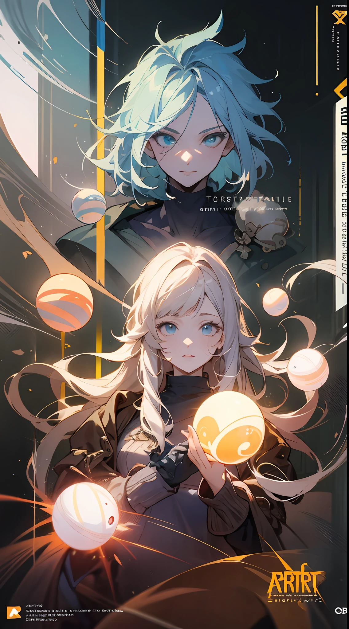 a couple of anime characters standing next to each other, octopath traveler, romance book cover, boris valejo. octopath traveler, octopath traveller style, hands holding big glowing orbs, artbook artwork, full art illustration, official art, official artwork hdr, promotional art, character album cover, light novel cover art, official artwork, romance novel cover