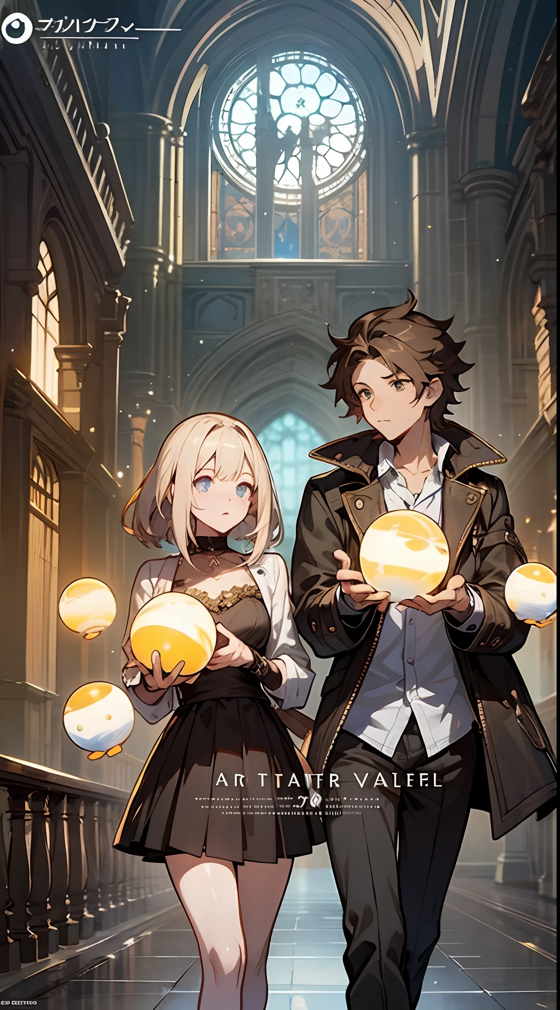 a couple of anime characters standing next to each other, octopath traveler, romance book cover, boris valejo. octopath traveler, octopath traveller style, hands holding big glowing orbs, artbook artwork, full art illustration, official art, official artwork hdr, promotional art, character album cover, light novel cover art, official artwork, romance novel cover