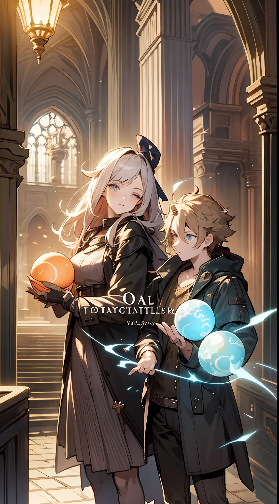 a couple of anime characters standing next to each other, octopath traveler, romance book cover, boris valejo. octopath traveler, octopath traveller style, hands holding big glowing orbs, artbook artwork, full art illustration, official art, official artwork hdr, promotional art, character album cover, light novel cover art, official artwork, romance novel cover