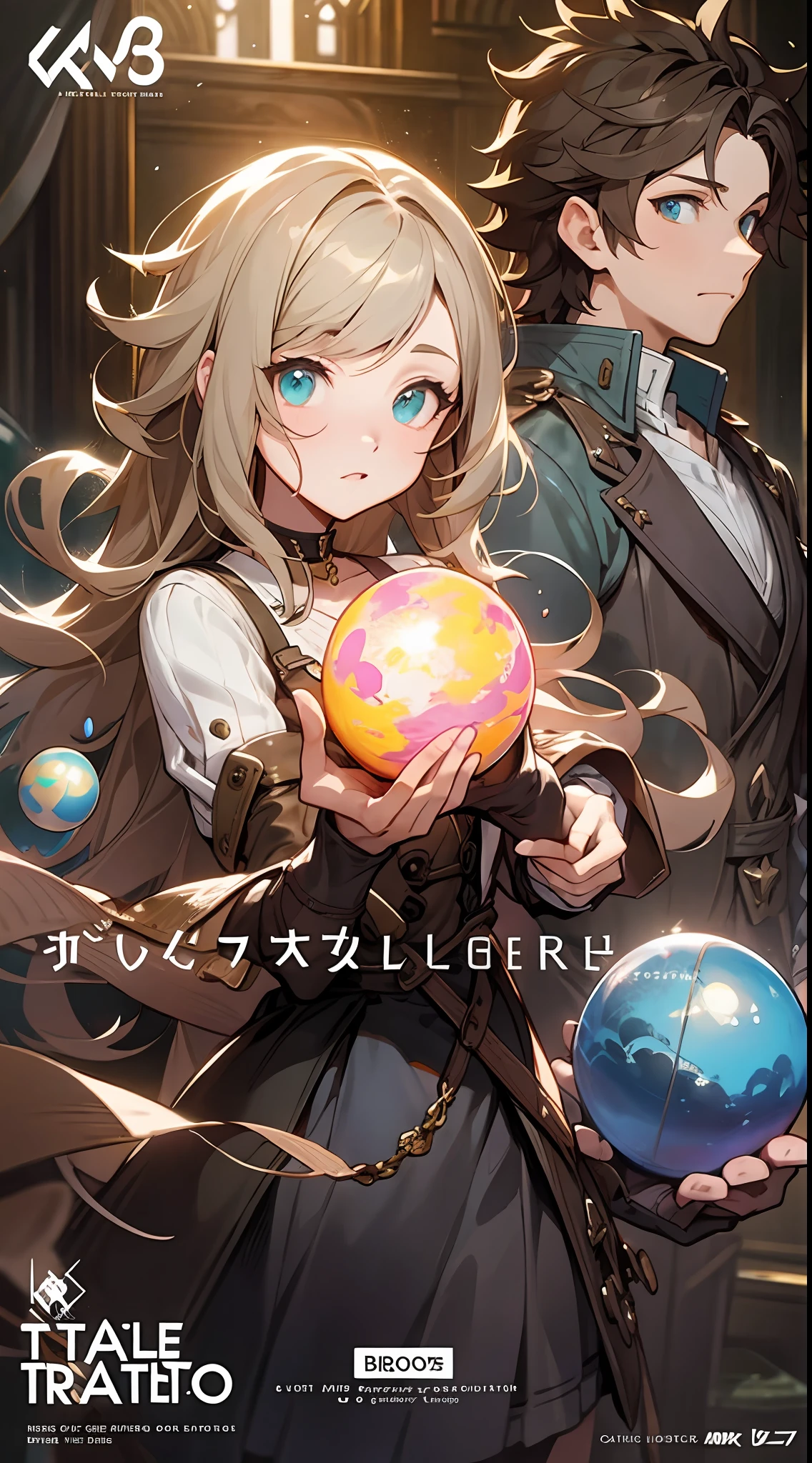 a couple of anime characters standing next to each other, octopath traveler, romance book cover, boris valejo. octopath traveler, octopath traveller style, hands holding big glowing orbs, artbook artwork, full art illustration, official art, official artwork hdr, promotional art, character album cover, light novel cover art, official artwork, romance novel cover