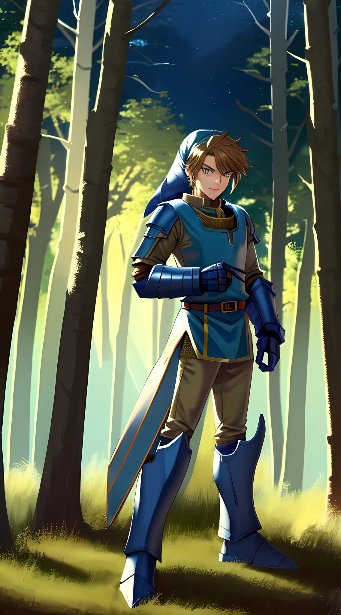 Link wearing brown blue and gold Knight Armor, heavy mech armor, cyber armor blue and brown, gold belt, blue white armor, long yellow hair, knight armor, mechsuit, looking at viewer at eye-level, full-body, forest background, forest background with large mountains, Link looking at viewer, knight armor, has dark blue heavy armored forearms, blue heavily armored gauntlets, long yellow-brown hair, blue hat, armored tunic, viewer at eye level