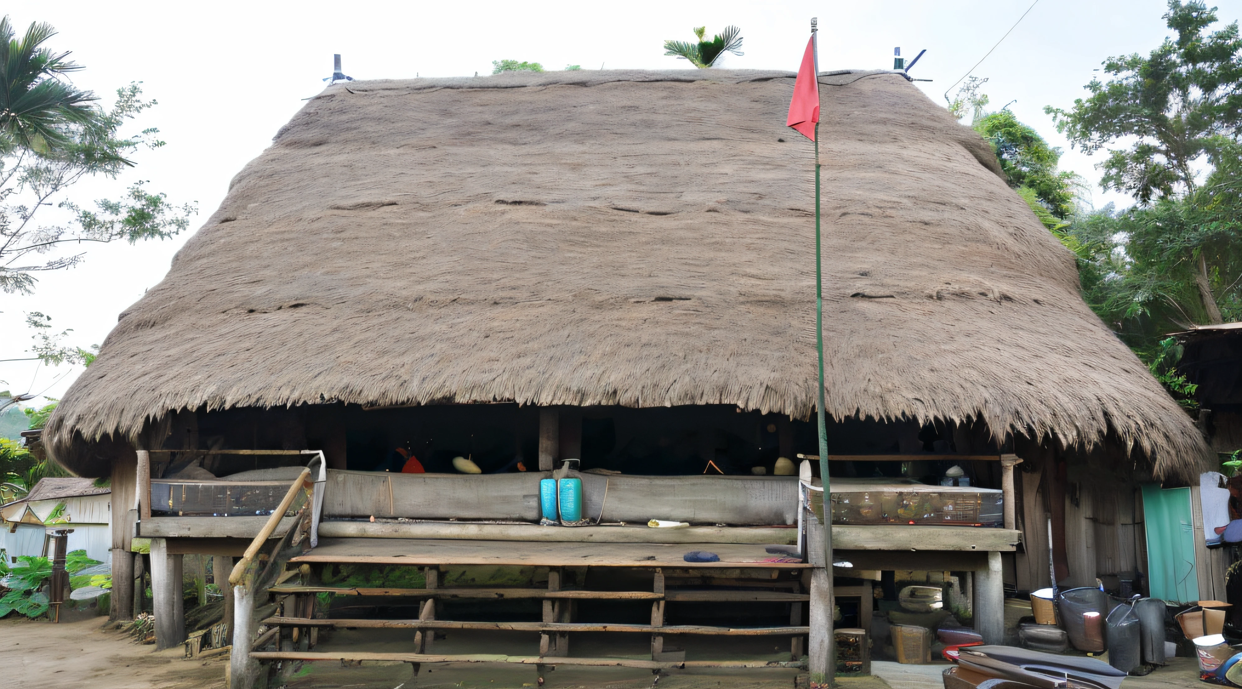 there is a thatched house, longhouse, hut, a wide panorama, thatched roof, thatched roofs, side view from a distance, the photo shows a wide angle, from a distance, in a medium panorama vase, side view, bamboo hut, village house, view from a distance