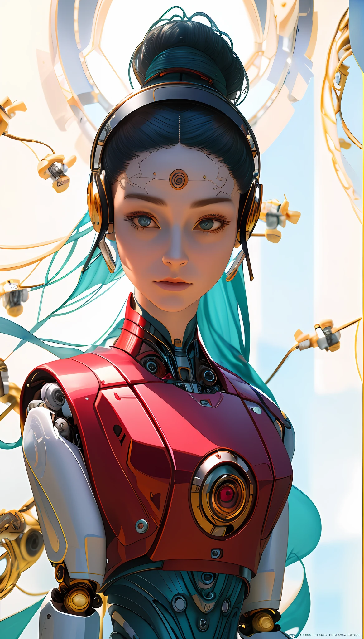 complex 3d render ultra detailed of a beautiful porcelain profile woman android face, cyborg, robotic parts, 150 mm, beautiful studio soft light, rim light, vibrant details, luxurious cyberpunk, lace, hyperrealistic, anatomical, facial muscles, cable electric wires, microchip, elegant, beautiful background, octane render, H. R. Giger style, 8k, best quality, masterpiece, illustration, an extremely delicate and beautiful, extremely detailed ,CG ,unity ,wallpaper, (realistic, photo-realistic:1.37),Amazing, finely detail, masterpiece,best quality,official art, extremely detailed CG unity 8k wallpaper, absurdres, incredibly absurdres, , robot, silver halmet, full body, sitting
