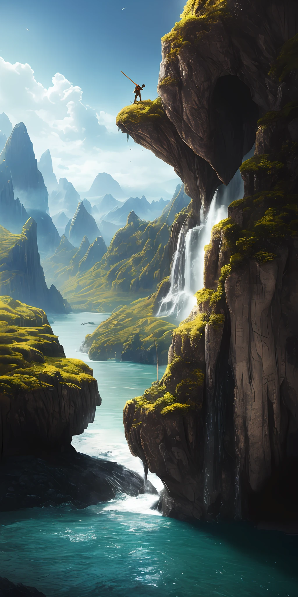 Masterpiece, best quality, high quality, extremely detailed CG unity 8k wallpaper, landscape, outdoor, sky, cloud, sky, no humans, mountain, landscape, water, tree, blue sky, waterfall, cliff, nature, lake, river , cloudy skies, award winning photography, bokeh, depth of field, HDR, bloom, chromatic aberration, photorealism, very detailed, trending on artstation, trending on CGsociety, intricate, high detail, dramatic, midjourney art