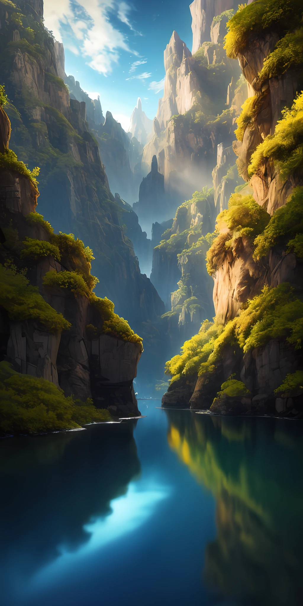 Masterpiece, best quality, high quality, extremely detailed CG unity 8k wallpaper, landscape, outdoor, sky, cloud, sky, no humans, mountain, landscape, water, tree, blue sky, waterfall, cliff, nature, lake, river , cloudy skies, award winning photography, bokeh, depth of field, HDR, bloom, chromatic aberration, photorealism, very detailed, trending on artstation, trending on CGsociety, intricate, high detail, dramatic, midjourney art