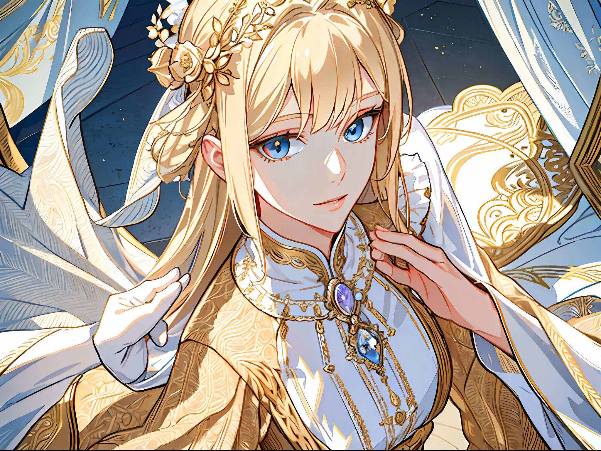 fantasy-style, (extremely delicate and beautiful:1.2), 8k,(masterpiece:1.0),(best_quality:1.0), 1girl, mature woman, complex details, enlarged textures, complex details, finely detailed eyes and detailed face, intricate details, platinum-blonde hair, royal dress, (closed mouth), perfect eyes, equal eyes, light smile, (goddess)