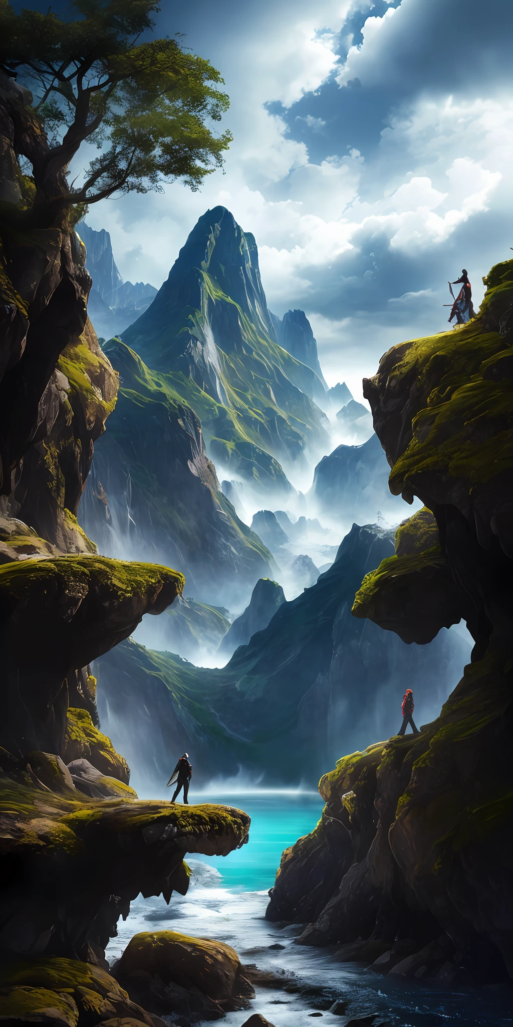 Masterpiece, best quality, high quality, extremely detailed CG unity 8k wallpaper, landscape, outdoor, sky, cloud, sky, no humans, mountain, landscape, water, tree, blue sky, waterfall, cliff, nature, lake, river , cloudy skies, award winning photography, bokeh, depth of field, HDR, bloom, chromatic aberration, photorealism, very detailed, trending on artstation, trending on CGsociety, intricate, high detail, dramatic, midjourney art