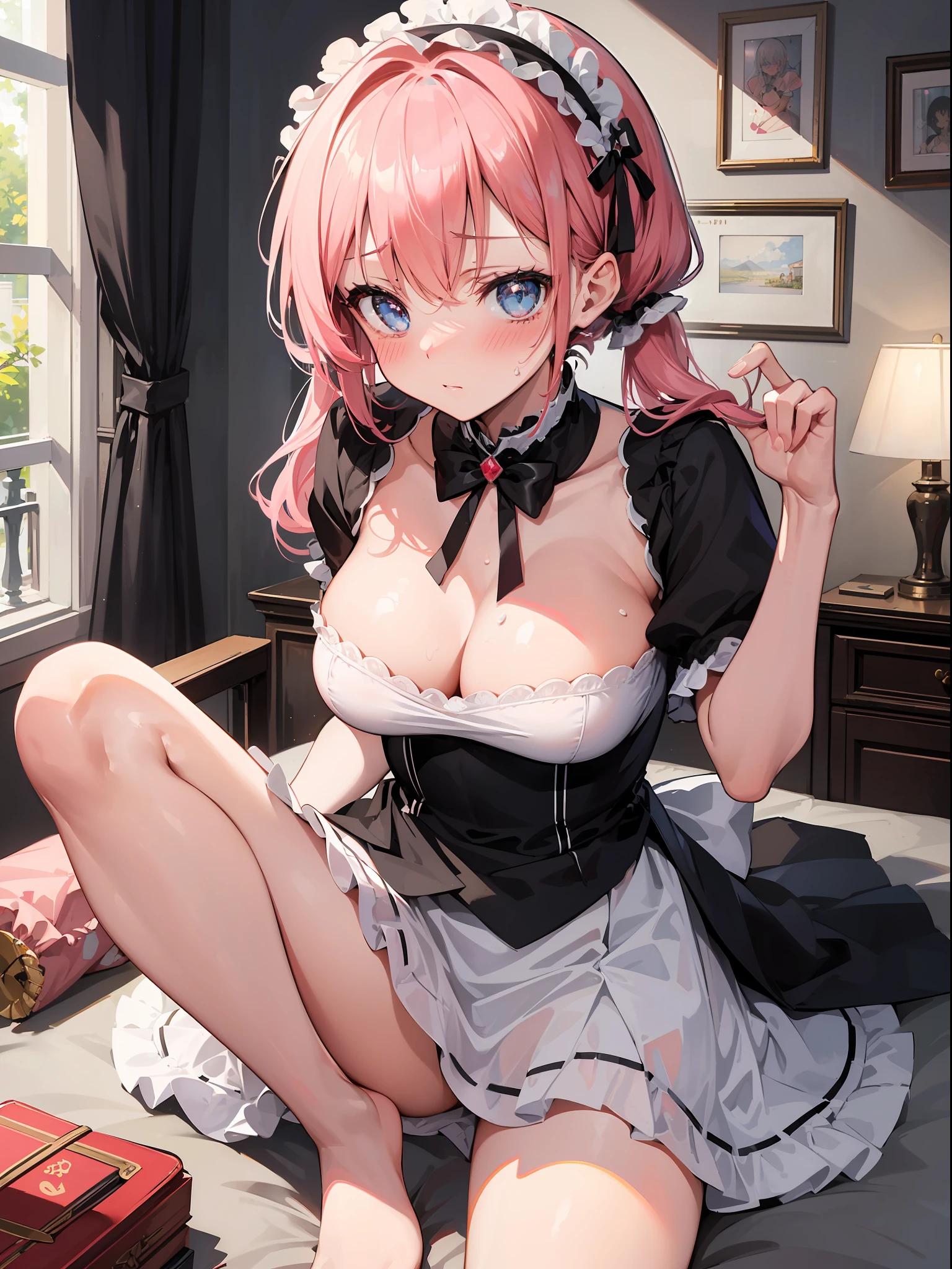 ((masutepiece)), ((Best Quality)), (Ultra-detailed), ((kawaii)), Cute, (lovely), ((Sexy)), (Ero), ((Extremely detailed)), 4K, (8K), Best Quality, (Beautiful), Illustration, Anime style, Painting, Dynamic Angle, Cowboy Shot, from wildcard,A dimly lit Western-style room like a drama, Sitting on the bed, Open your legs, Gradation, full body focus, in the dim room, s, 1girl in, Solo, maid clothes, a miniskirt, Ruffled headband, (Choose one hair color at random:1.2), Beautiful random colored eyes, ((Beautiful eyes)), White-skinned, Random hairstyle, Buttocks, Big breasts that are about to burst, (Ashamed), Troubled expression, Sweat, sparkling effect, (red blush:1.4),Lens Flare, shiny-glistening, gleaming