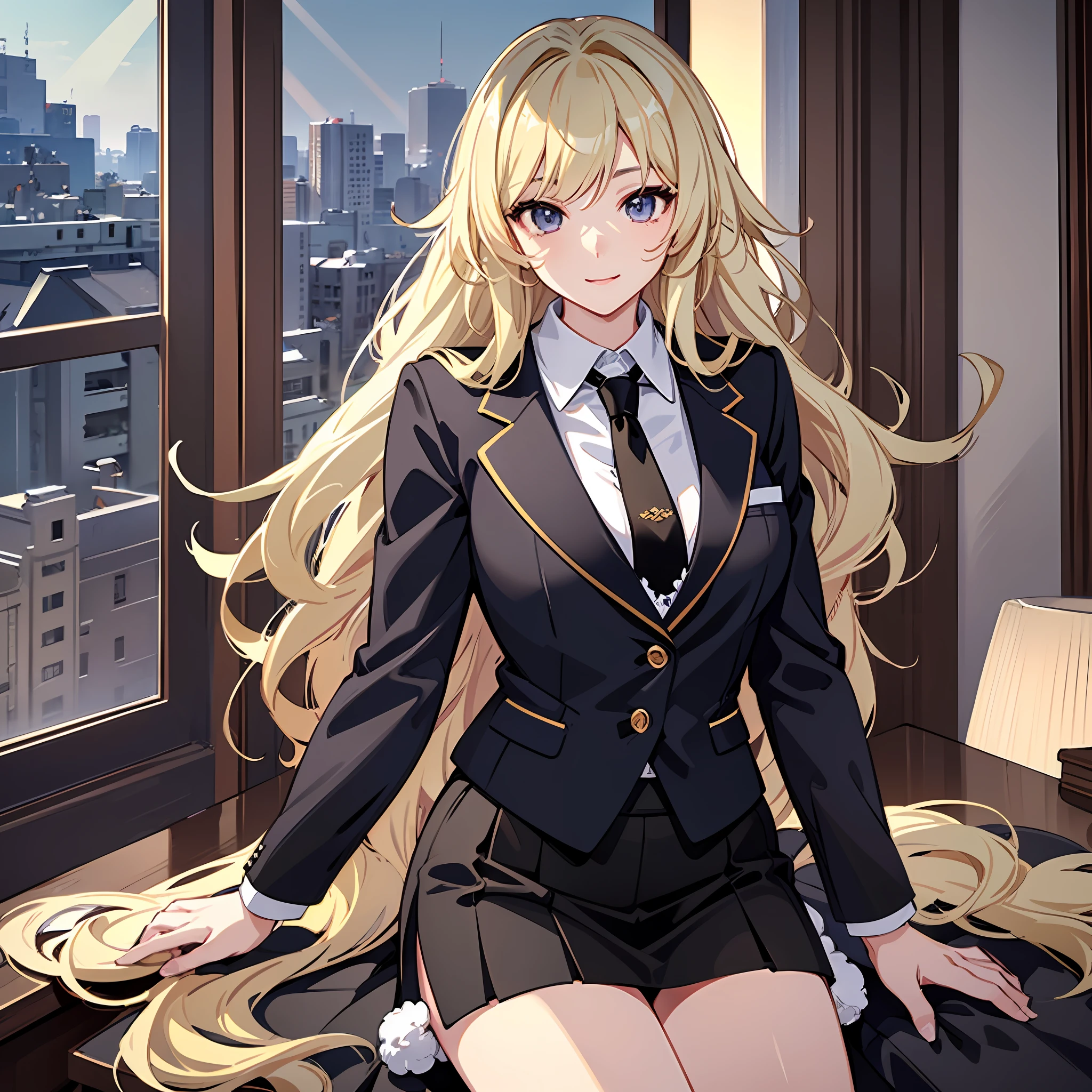 1girll，(Long fluffy blonde hair:1.6)，Business suit，Skirt that wraps hips，black long socks，Mature and beautiful，Rich and noble families，In the villa living room，ssmile，looking at viewert，Ultra-detailed CG，Exquisite facial features，Clear facial expressions，Detailed digital anime art，Digital anime art，High quality anime art style