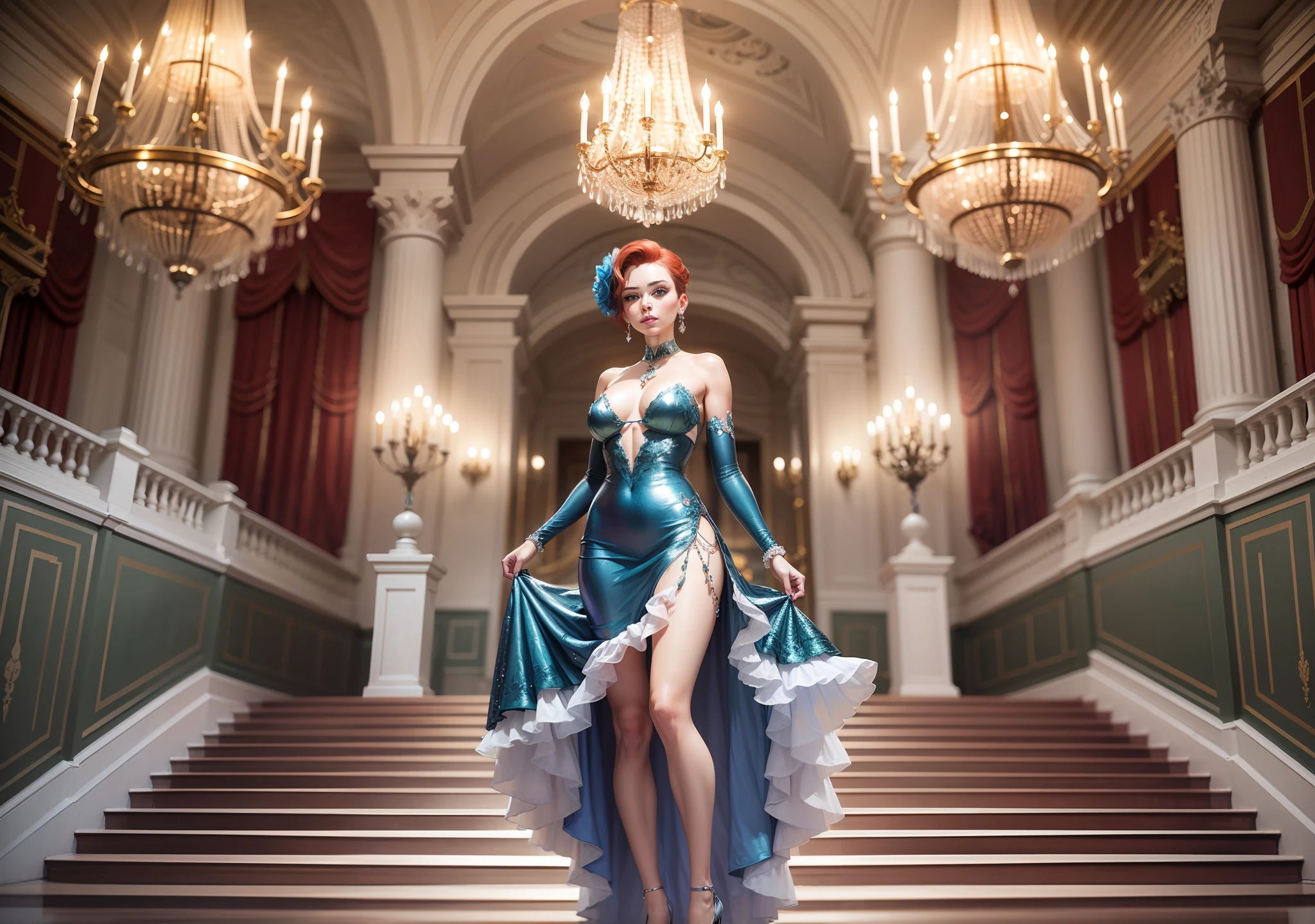 Uma mulher ruiva com olhos verdes, ela tem cabelos compridos, direto na raiz, com cachos nas extremidades, nariz fino, She's standing on a grand staircase in a ballroom, A escadaria foi elegantemente decorada, in the hall was a chandelier, A mulher usava um vestido de gala azul, ela estava usando uma gargantilha de diamantes, ela usava brincos de diamante, uma pulseira de prata com safiras, a mulher usava um leve; makeup The woman wore fine-heeled shoes that were made of crystal in the ballroom had an elegant décor