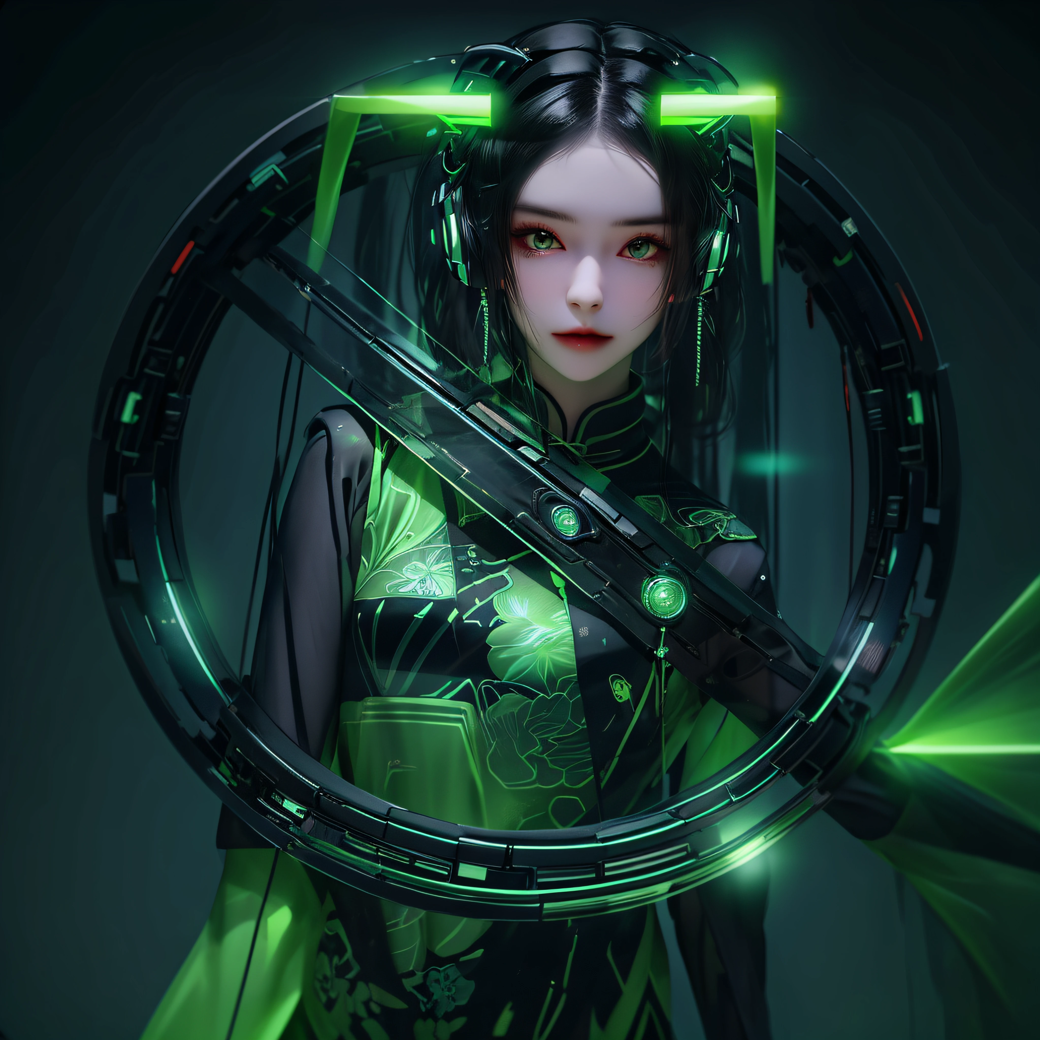 1 rapariga, Chinese_clothes, Liquid green titanium and black, Cyberhanfu, on cheongsam, Cyberpunk-city, dynamicposes, Details illuminated headphones, luminous hair ornaments, long whitr hair, Luminous earrings,Glowing necklace,cyber punk perssonage, a high-tech city, full of machinery and futuristic element, afofuturism, technologies,luminous neon lights,green color,Green light,Translucent black tulle,black ribbon,laser,Digital background city sky,large moon,There are vehicles,Best quality at best,tmasterpiece,8K,Character edge light,hyper-high detail,high qulity,The most beautiful woman in man,Slight smile,The face is symmetrical to the left and right facing the front,Ear decoration,beautiful pupil,Light effects,visual data,Dark black hair,Ultra-detailed facial texture,Black gloves in glossy leather,elevation shooting