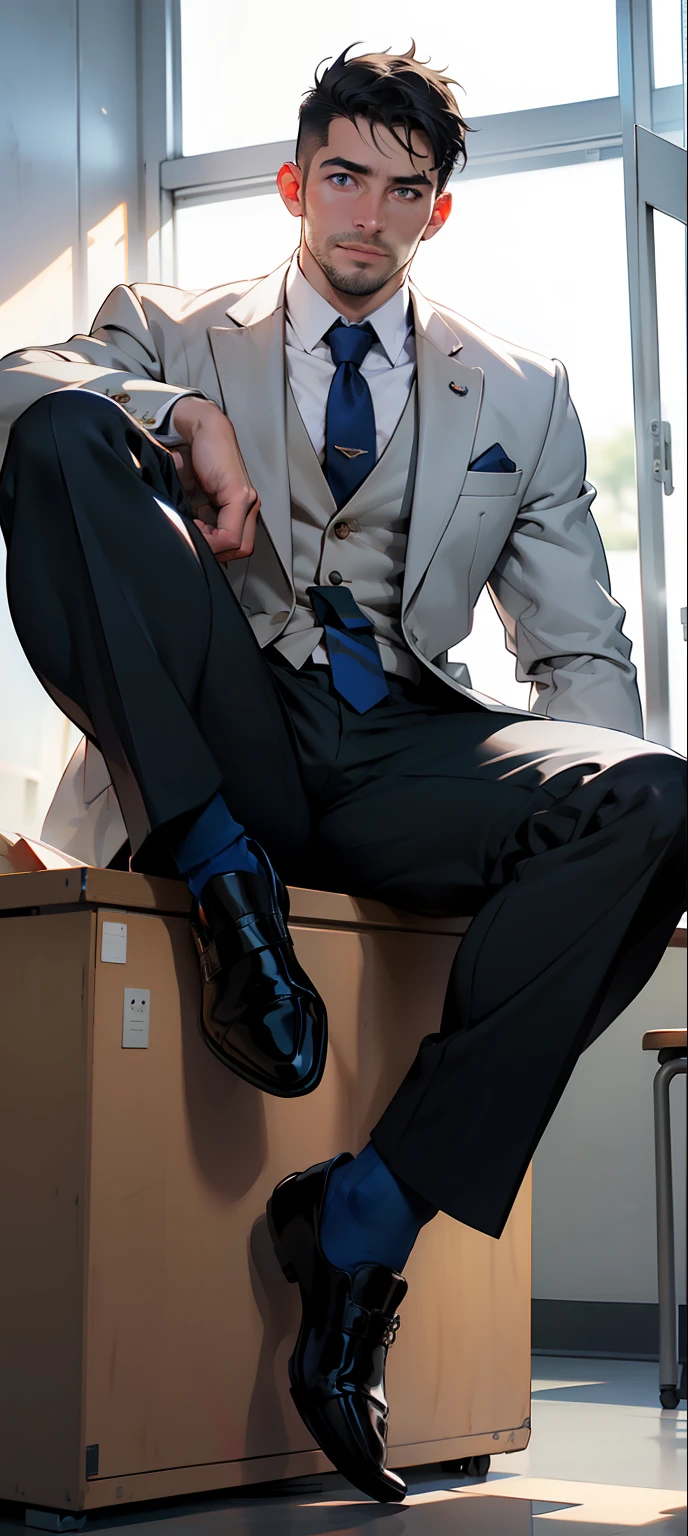 masterpiece, ultra detailed, best quality, face, natural eyes, 1man, european, big feet, black socks, (no shoes), full body, (in suits), large bulge, long legs, looking at viewer, 30 years old, muscled and mature, short haircut, sitting on the teaching desk with legs streched, in the class room, blue eyes, flush, organism, face covered with white fluids, sweating, tight cloth, erecting, white jacket, strictly, holding black whip in hand,