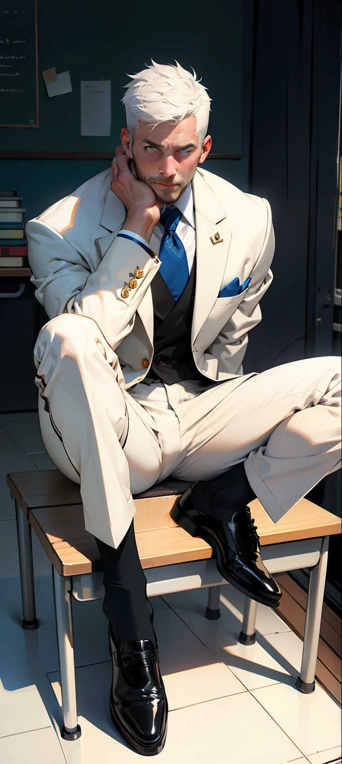 masterpiece, ultra detailed, best quality, face, natural eyes, 1man, european, big feet, black socks, (no shoes), full body, (in suits), large bulge, long legs, looking at viewer, 30 years old, muscled and mature, short haircut, sitting on the teaching desk with legs streched, in the class room, blue eyes, flush, organism, face covered with white fluids, sweating, tight cloth, erecting, white jacket, strictly, holding black whip in hand,