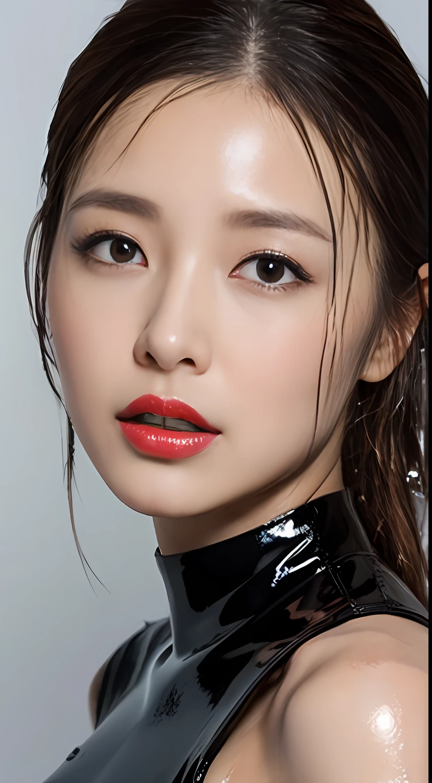 (Top Quality, 4k, Masterpiece: 1.3), Japan Woman, 1 Girl, Sexy: 1.1, Dark Brown Hair: 1.1, (Wet Body: 1.3), Glossy, Latex, Wetsuit, Ultra Detailed Face, Detailed Lips, Detailed Eyes, Red Lipstick, Open Mouth