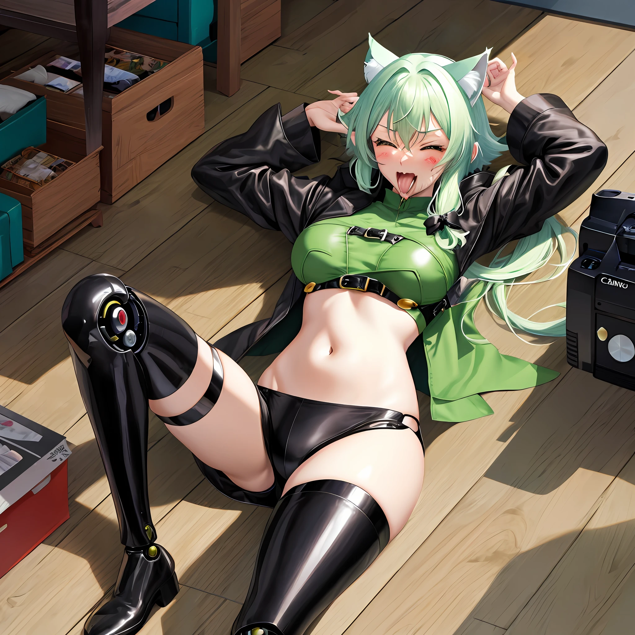 Anime boy Shota lying cat on the floor，Green hair and black leather coat, Fully robotic!! , Very beautiful anime cat boy, Charming cat boy, anime big breast , ahegao, mikudayo, Marin Kitagawa fanart, Beautiful anime cat people, Shot on Canon EOS R 6, Cute anime cat man, Anime boy with cat ears