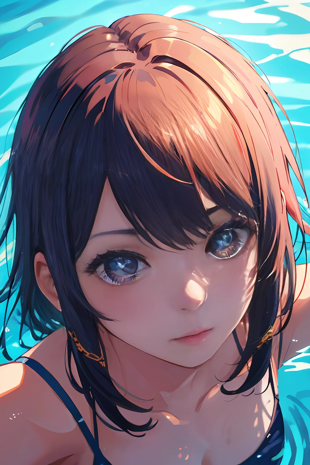 A high resolution, HighestQuali, illustratio, Super detail, (Detal Face), (Detail Eye), Soft lighting, HighestQuali, Super detail, masterwork, 1girll, 独奏, Beautiful, 独奏, (From above:1.5), (self-shot:1.5), (Close-up:1.5), in swimming pool