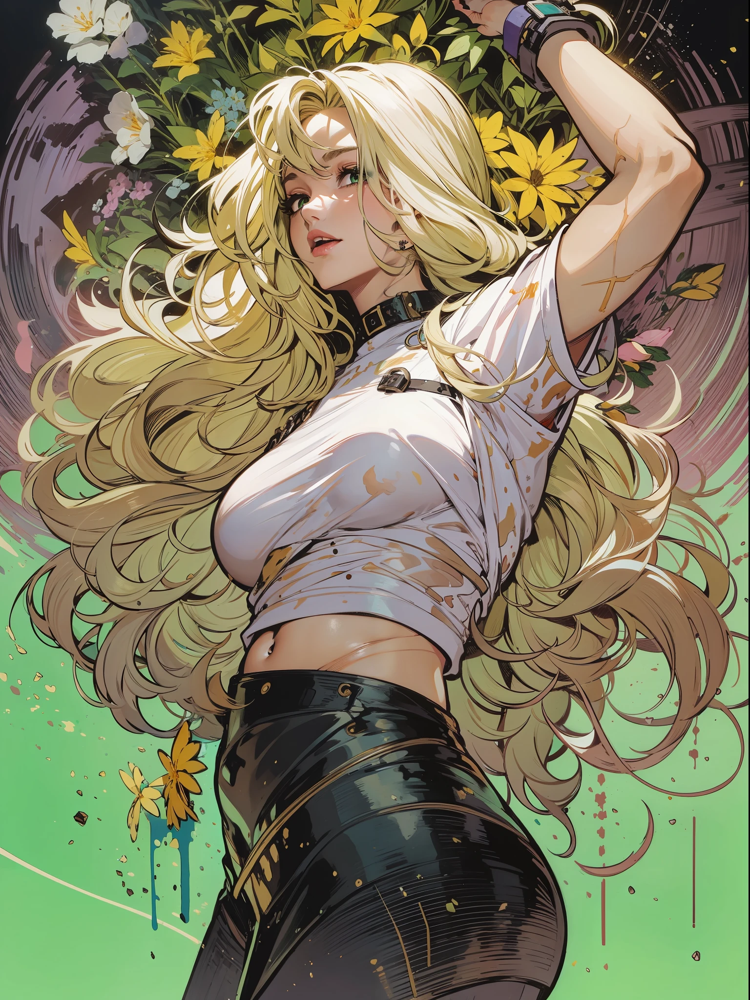 Toh-Yasu ART ILLUSTRATION AETHER GAUZE>  ashley alexiss dressed in black electrical tape,central face,   dressed in black electrical tape, anime ::jason fabok   and yoji shinkawa  style ::2.0 comix illustration style, tatoon style ,  comic book style  , beautiful woman with long  hair ultra detailed,  (beautiful and clear background:1.2), ,  fantastic paintings , graffit style,   flowers,  olhos altamente detalhados ,  a t-shirt or dressed in a white blouse underneath,   position,  and bracelets,  with long black hair ,  stained glass colored,   out,  vibrant,  alphonse mucha style,  fantastic paintings by joe madureira  , high quality,  --ar 3:4 --upbeta --test --creative --upbeta --upbeta --upbeta --upbeta , photo,  sticker  banksy art, kelly brook beautiful woman with long  hair  ,  freedom,  soul,  digital illustration,  comic style,  perfect anatomy,  centered,  approaching perfection,  dynamic,  highly detailed,  watercolor painting,  artstation,  concept art,  smooth,  sharp focus,  illustration,  art by carne griffiths and wadim kashin, big  breast, alone anime girl with a medium lenght pose and cute clothes,  short pastel blonde hair ,  heterochromia,  perfect anatomy,  centered,  approaching perfection,  dynamic,  highly detailed,  character sheet,  artstation,  concept art,  smooth,  sharp focus,  illustration,  art by kim jung gi, ,  artgerm,  carne griffiths and wadim kashin ,  sasha yakovleva,  loish,  jeremy mann,  full body shot,  character sheet,  lightningwave,  beautiful anime watercolor painting , paint dripping by tim okamura,  victor nizovtsev,  greg rutkowski,  noah bradley. trending on artstation,  8k,  masterpiece,  graffiti paint,  fine detail,  full of color,  intricate detail,  golden ratio illustration, monochromatic green background,  masterpiece,  best quality,  high quality,  highres,  best quality,  high resolution fix,  bright amazing lighting,  detail enhancement,  photo,  sticker art, kelly brook beautiful woman with long blonde h