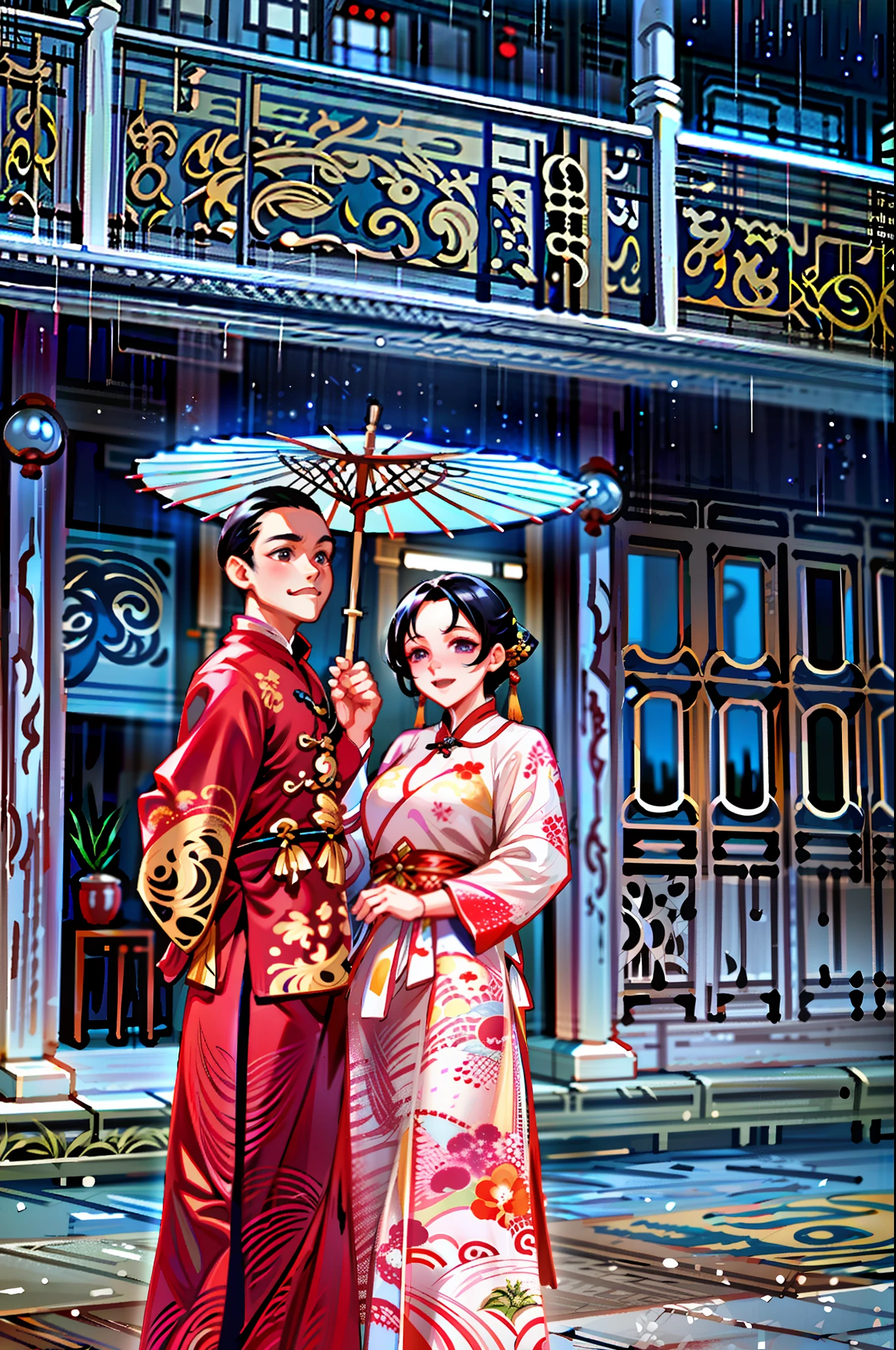 "They hold umbrellas in the rain，Dressed in traditional Chinese clothing，Served with a classic damask robe，Gorgeous silk clothes，It presents the style of Chinese costumes。"