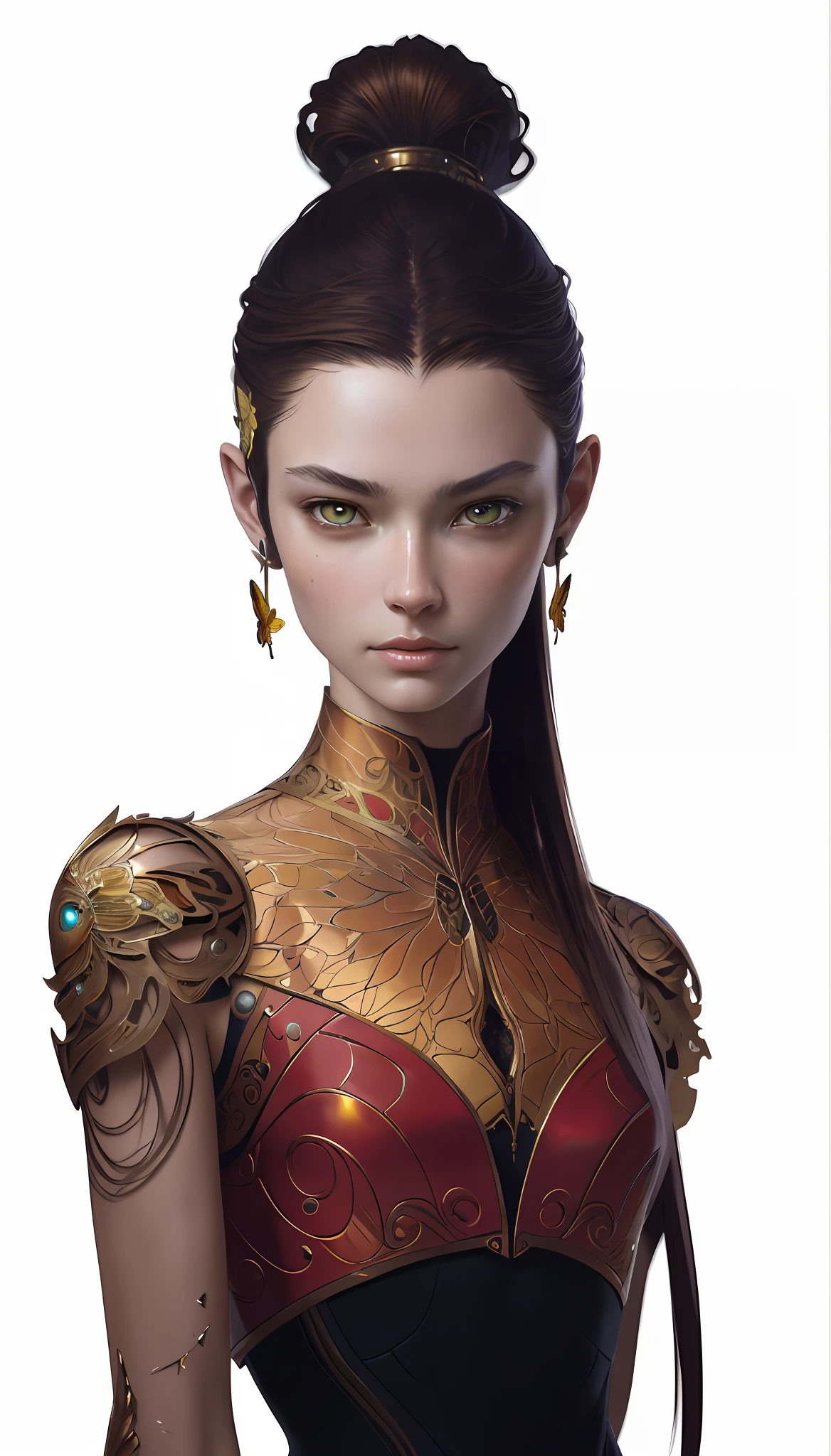8k portrait of beautiful cyborg with brown hair, intricate, elegant, highly detailed, majestic, digital photography, art by artgerm and ruan jia and greg rutkowski surreal painting gold butterfly filigree, broken glass, (masterpiece, sidelighting, finely detailed beautiful eyes: 1.2), hdr,