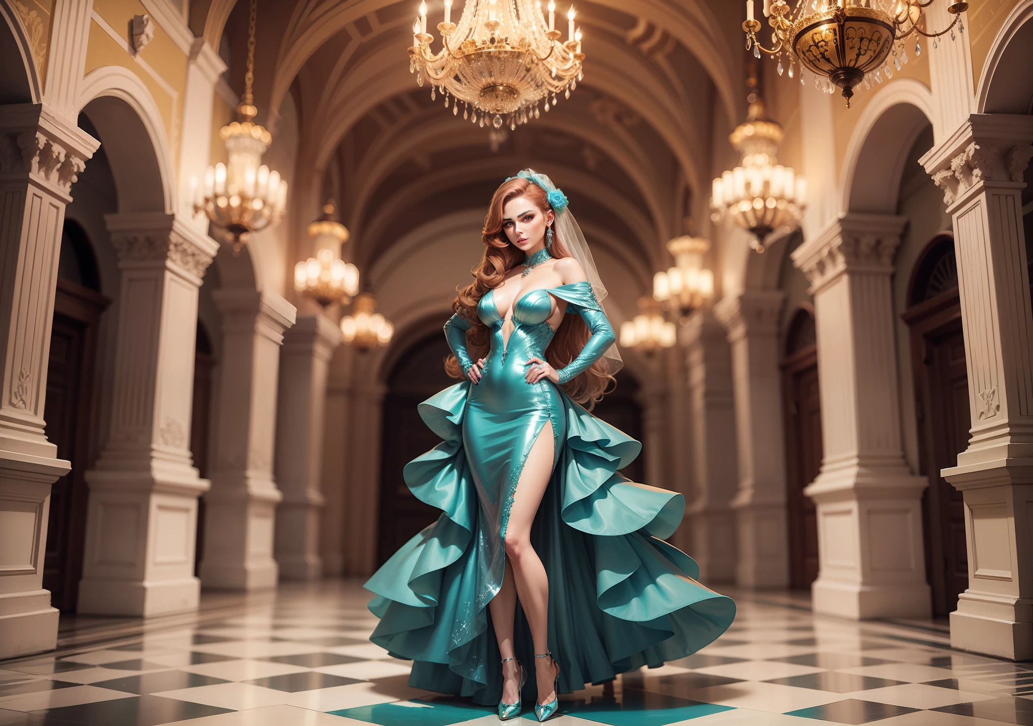 Uma mulher ruiva com olhos verdes, ela tem cabelos compridos, direto na raiz, com cachos nas extremidades, nariz fino, She's standing on a grand staircase in a ballroom, A escadaria foi elegantemente decorada, in the hall was a chandelier, A mulher usava um vestido de gala azul, ela estava usando uma gargantilha de diamantes, ela usava brincos de diamante, uma pulseira de prata com safiras, a mulher usava um leve; makeup The woman wore fine-heeled shoes that were made of crystal in the ballroom had an elegant décor