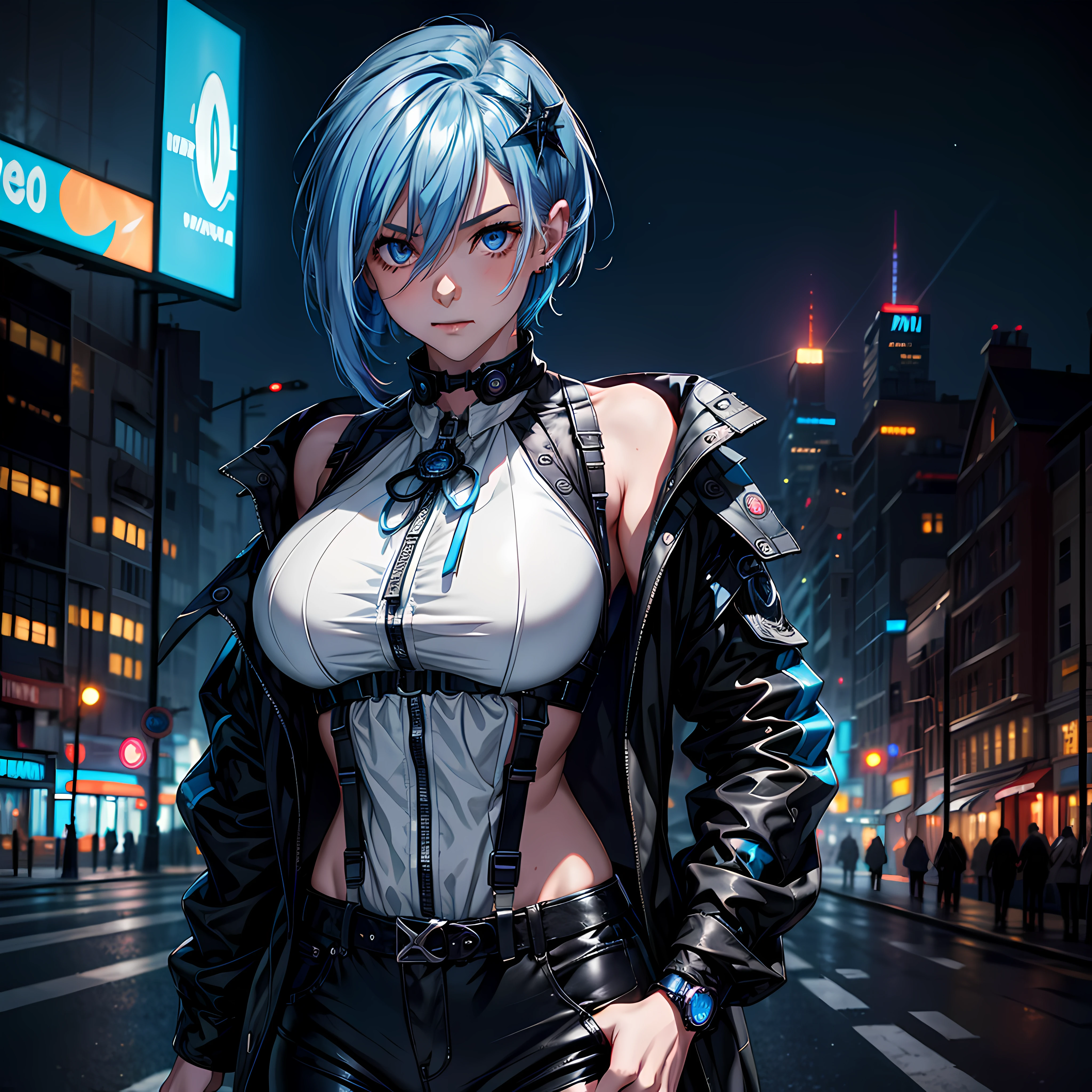 (masterpiece:1.1), (highest quality:1.1), (HDR:1.0), 1girl, solo (detailed face+eyes), dress, building, city, jacket, baggy pants, looking at viewer, night, night_sky, outdoors, road, shirt,short blue hair, hair down, sky, skyscraper, smirk, starry_sky, a cute girl standing on a street, cyberpunk, reflective, metal, (black), 8K, hyper focus, full color, cinematic, shine, neon lights, underglow, emissive, (serious), (by josan gonzalez), (by Alan Shuptrine:1.3), racing, to scale, close up, (face focus:1.2), detailed face, (cinematic movie:1.2)