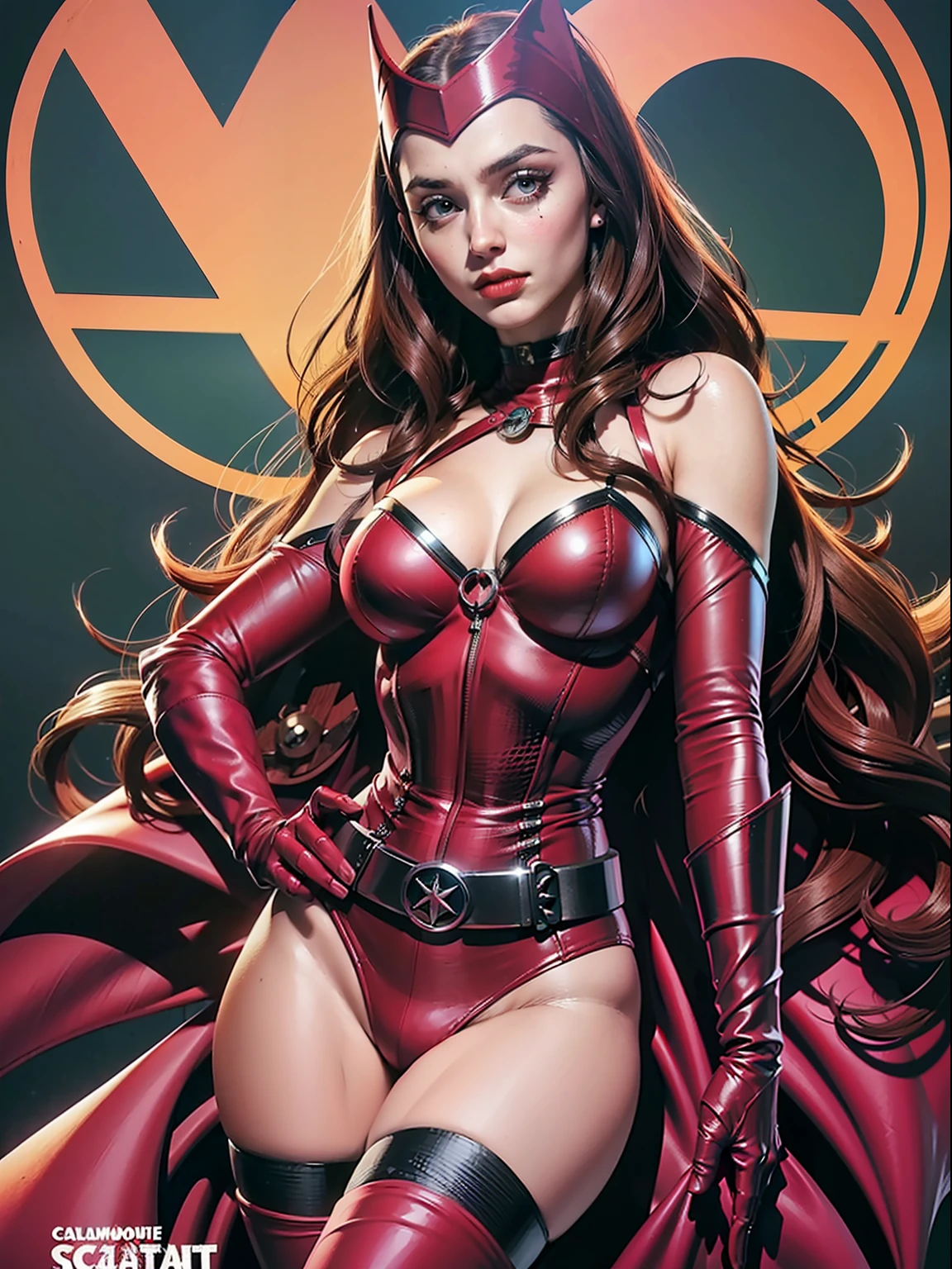 ((Scalet Witch:1.4)), ((Wanda Maximoff:1.4)), (blown wavy hair), (scarlet bodycon bodysuit, body glove, straps, buckles, long sleeves), (slender body, thin, slim sexy body, slim waist), (sexy, hot, sultry, seductive)