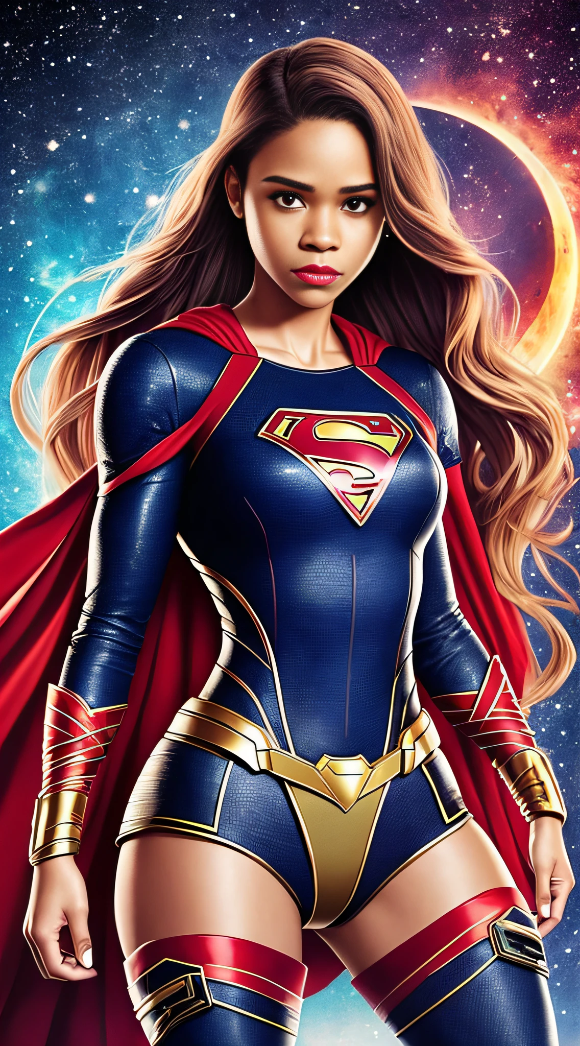 Letitia Wright brilha no papel de Shuri, personagem supergirl, traje da supergirl, pose sentada, futuristic setting, red lips, Hard disk, retina, master part, ccurate, anatomicamente correto, pele texturizada, super detalhe, detalhes altos, alta qualidade, melhor qualidade, Alto, 1080P, disco Rigido, 4k, 8k, 16k --q 5 --auto