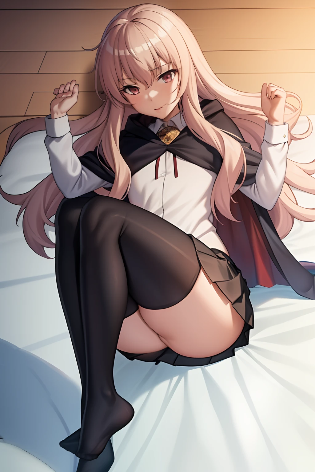 nsfw, masterpiece, best quality,extremely detailed CG unity 8k wallpaper,
lying on bed, yoga pose, raised legs, holding both legs up,
1girl,louise francoise le blanc de la valliere, black cape,school uniform, black thighhighs,