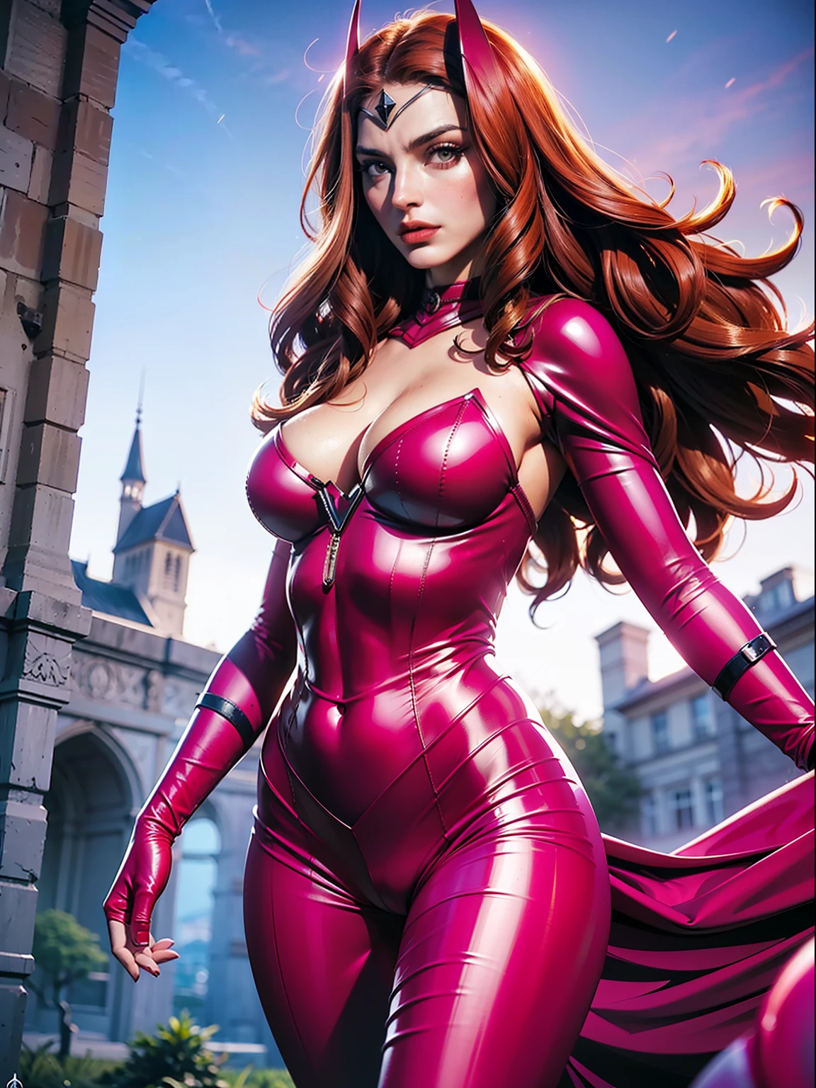 ((Scalet Witch:1.4)), ((Wanda Maximoff:1.4)), (blown wavy hair), (scarlet bodycon bodysuit, body glove, straps, buckles, long sleeves), (slender body, thin, slim sexy body, slim waist), (sexy, hot, sultry, seductive)