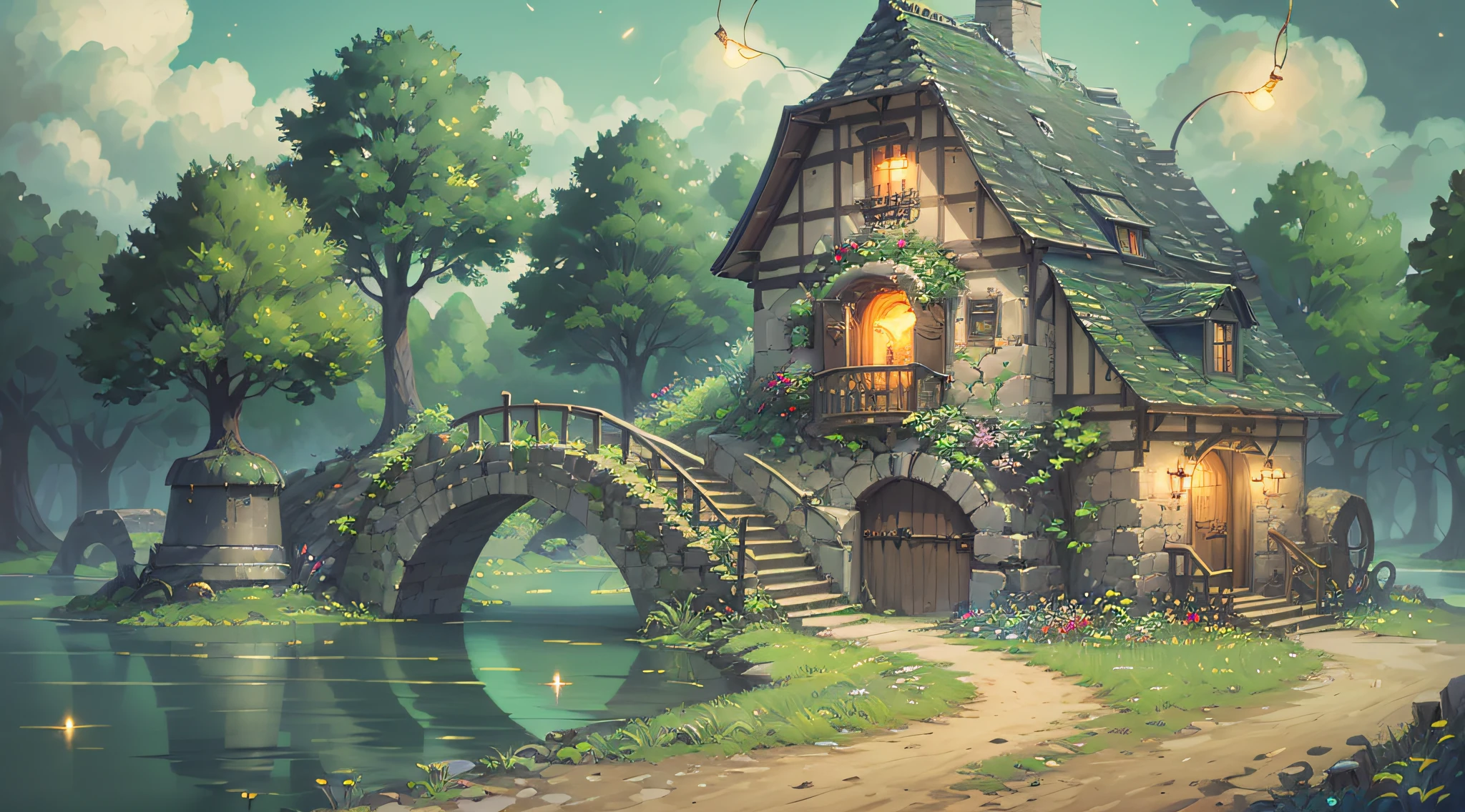 (Magic Forest, Kingdom of Forest Fairies: 1.2), cute houses, High Palace of Fairies, River, (many fireflies: 1.1), (Fairy lights: 1.1), joyful mood, magical atmosphere.