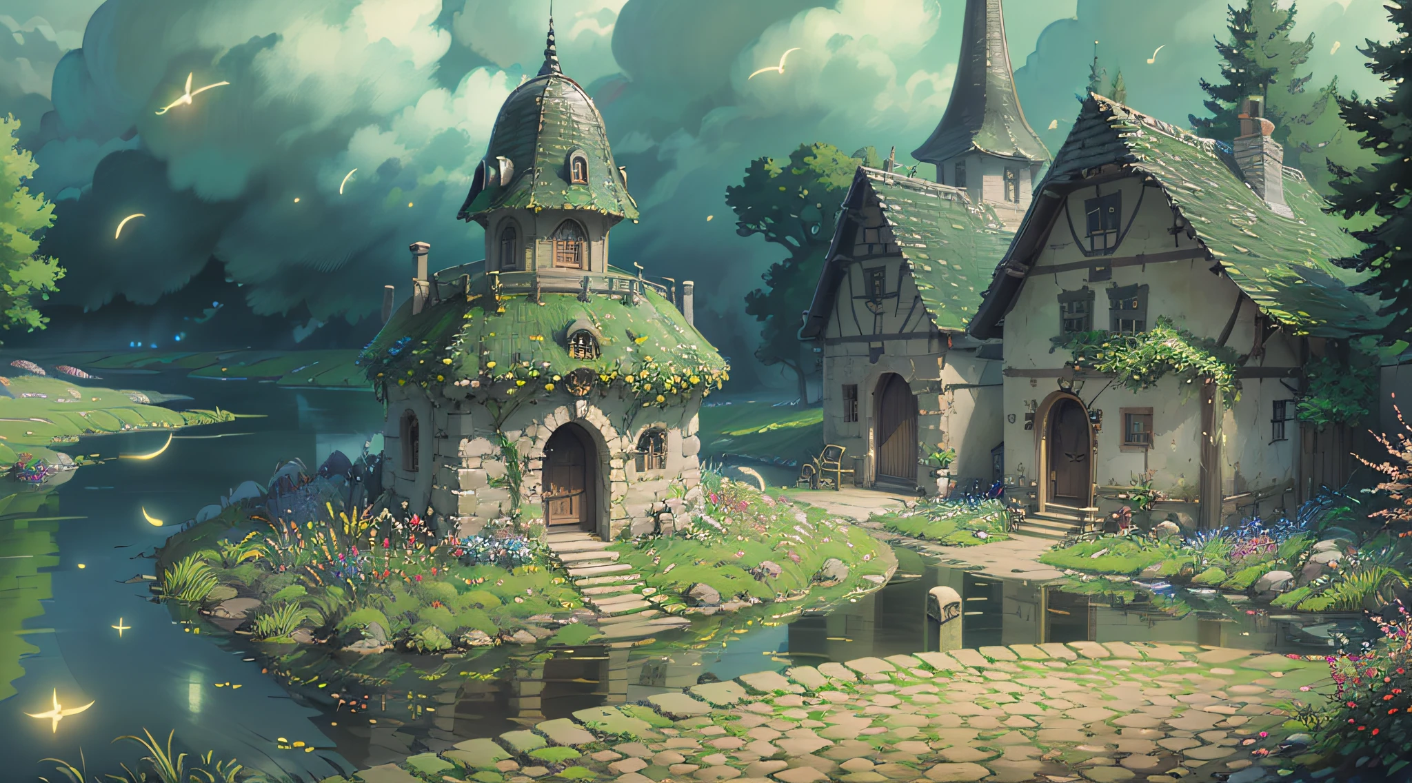 (Magic Forest, Kingdom of Forest Fairies: 1.2), cute houses, High Palace of Fairies, River, (many fireflies: 1.1), (Fairy lights: 1.1), joyful mood, magical atmosphere.