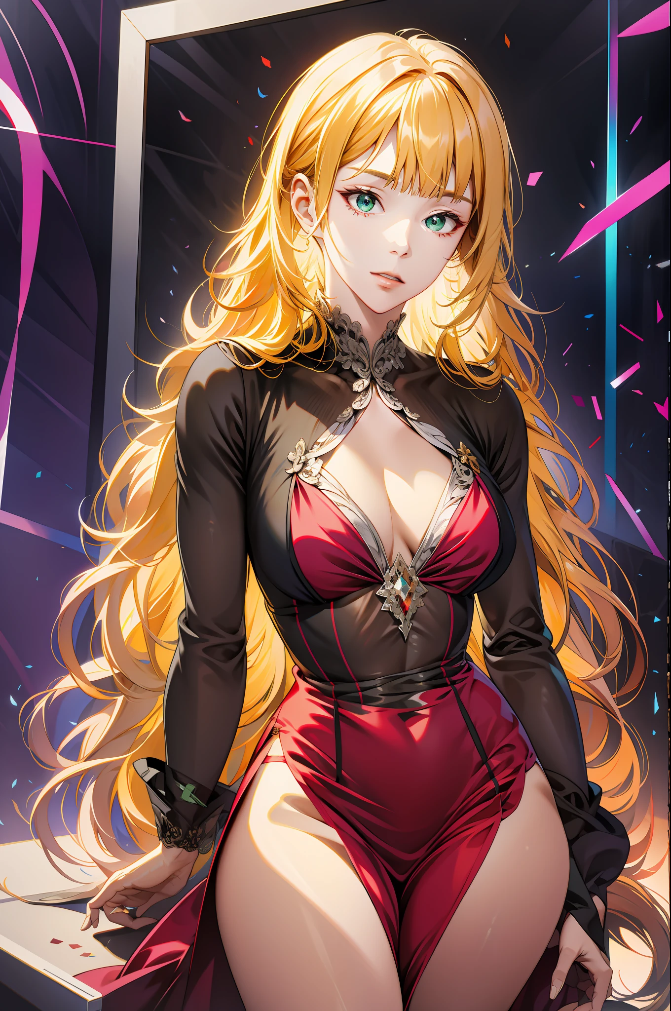 (absurdres, highres, ultra detailed), 1girl, mature female, wavy blonde hair, long hair, blunt bangs, green eyes, pink dress, finely detailed eyes and detailed face, extremely detailed CG unity 8k wallpaper, intricate details, BREAK , kaleidoscopic imagery, symmetrical patterns, vibrant colors, geometric shapes, mesmerizing designs, optical illusions, dynamic composition BREAK , pantomime art, expressive body language, silent storytelling, evocative gestures, visual narratives, theatrical performances BREAK , blooming flowers, colorful petals, fragrant scents, nature's bounty, vibrant gardens, peaceful scenery