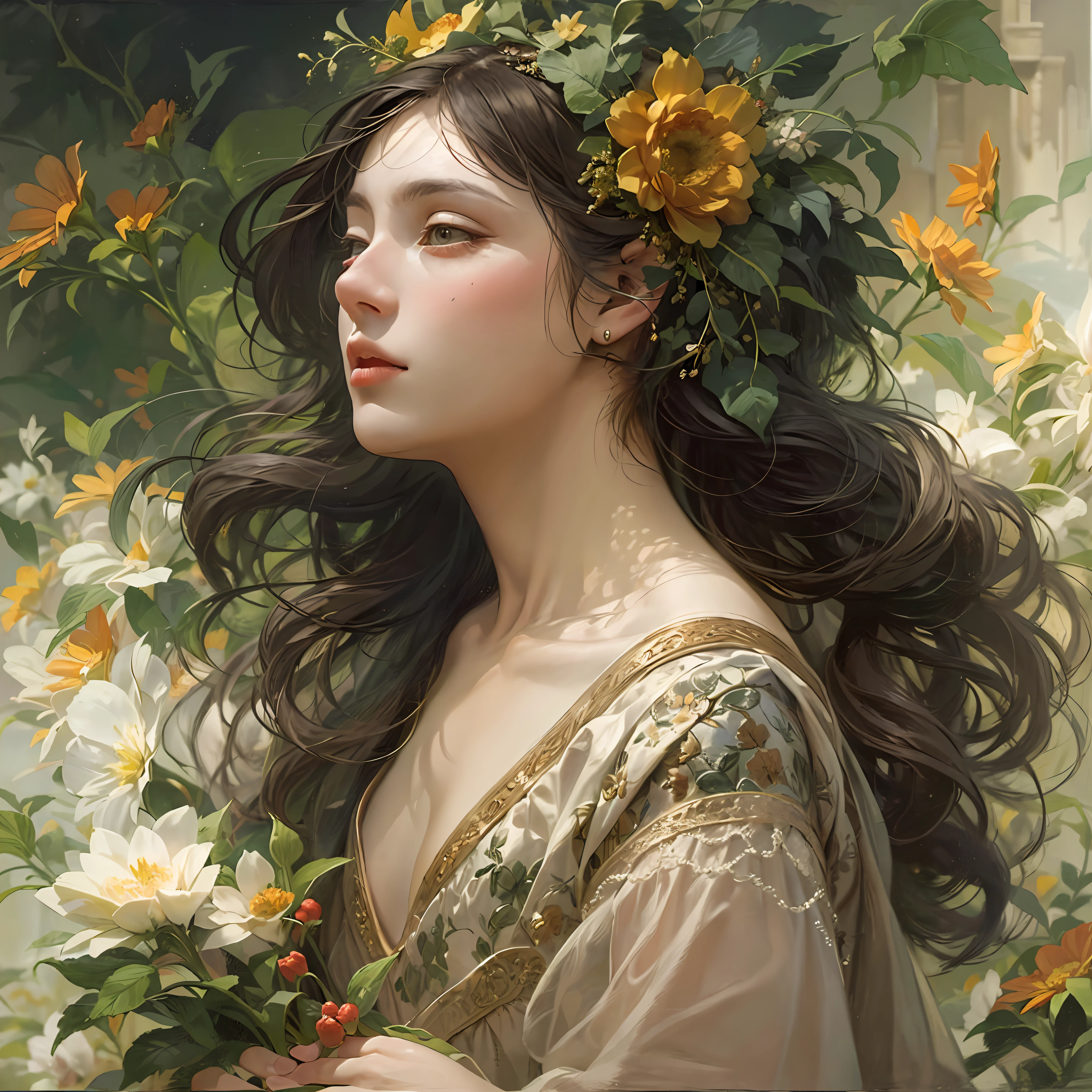 florals,offcial art,Unified 8K wallpapers,ultra - detailed,Beauty and aesthetics,tmasterpiece,best qualtiy,(zentangle,datura,Tangles,entangled),(s fractal art:1.3),The is very detailed,dynamic angle,cow boy shot,The most beautiful form of chaos,elegant,Fauvist design,vivd colour,romanticism lain,Atmospheric,A note of ecstasy,streaming musical notes visible,,Bouguereau,John William Goldward