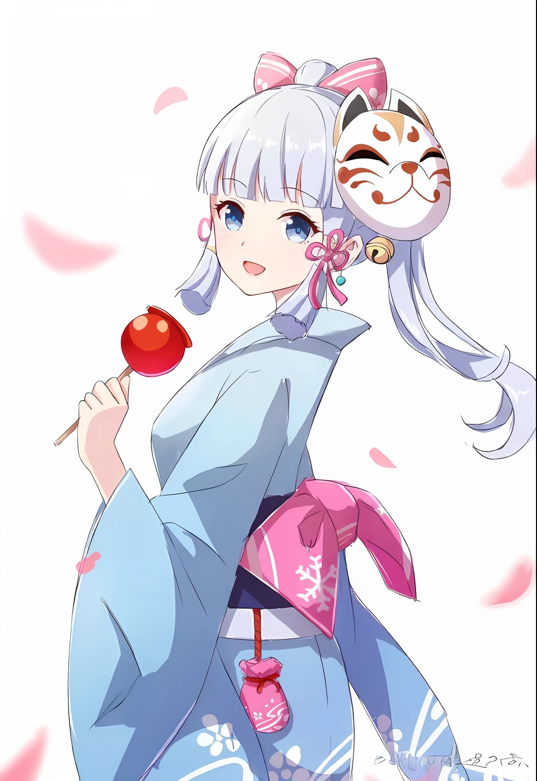 Anime girl with cat mask and lollipop, anime visual of a cute girl, offcial art, white hime cut hairstyle, nyaruko-san, up of young anime girl, Official artwork, onmyoji portrait, shikamimi, anime figure, white-haired god, An anime girl, Cute anime girl, shirabii, cute anime waifu in a nice dress，Traditional chinese painting --auto