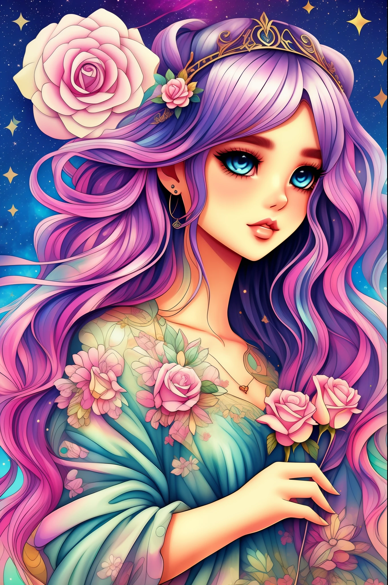Watercolor beautiful magic beautiful Goddess Mystic, heart flowing, moldura vintage, com asas de anjo, penas, estrelas, rosas, lua, lado de frente, Fantasy Illustration, rosto perfeito, com rosto bonito e com estrelas, cabelo bonito claro, olhos castanho perfeitos, luz dourada, vivid vibrant colors, detalhe intrincado, hiper detalhado, hiper qualidade, 32K, motor irreal, isolado no fundo branco, kawaii, clipart, arte de fantasia