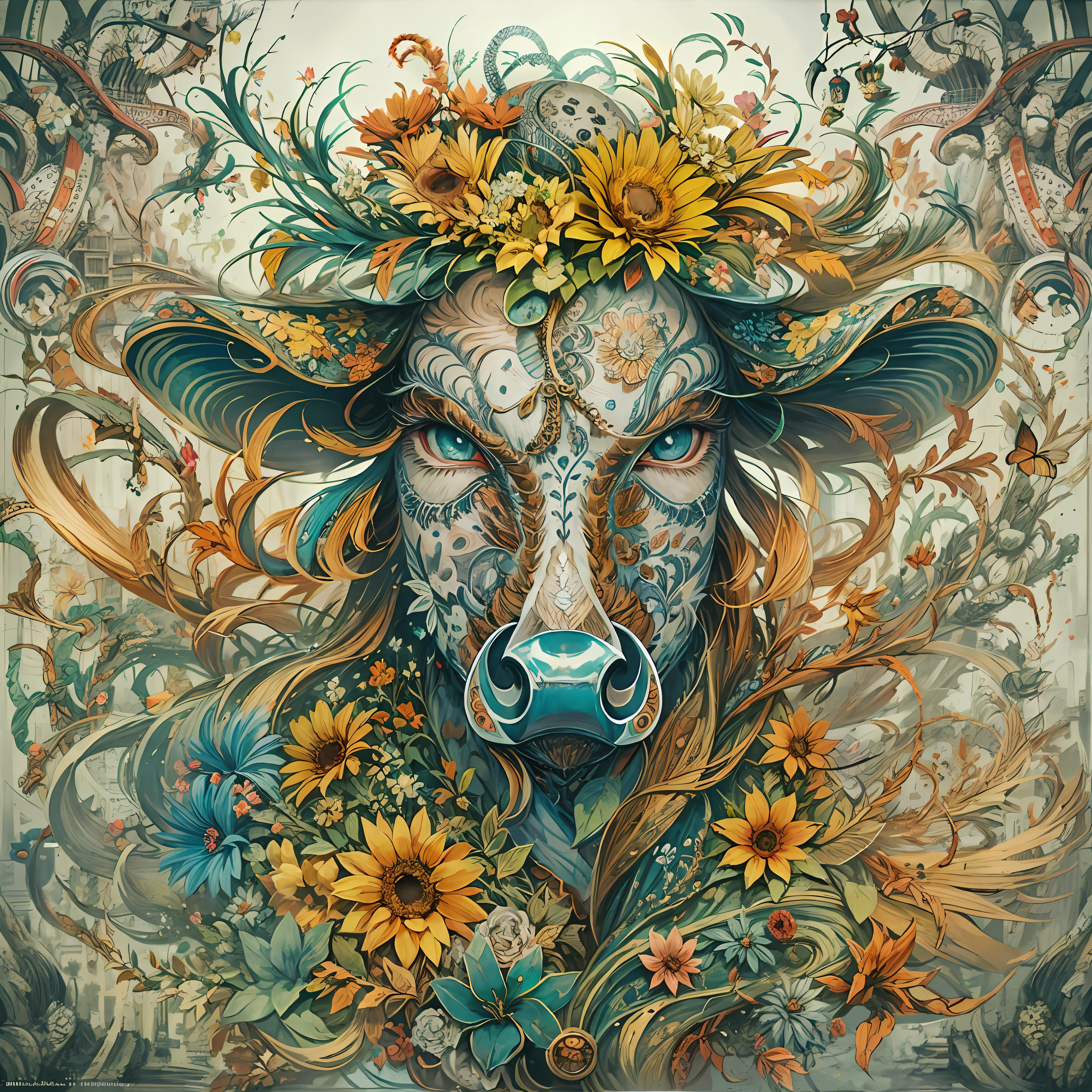 florals,offcial art,Unified 8K wallpapers,ultra - detailed,Beauty and aesthetics,tmasterpiece,best qualtiy,(zentangle,datura,Tangles,entangled),(s fractal art:1.3),The is very detailed,dynamic angle,cow boy shot,The most beautiful form of chaos,elegant,Fauvist design,vivd colour,romanticism lain,Atmospheric,A note of ecstasy,streaming musical notes visible