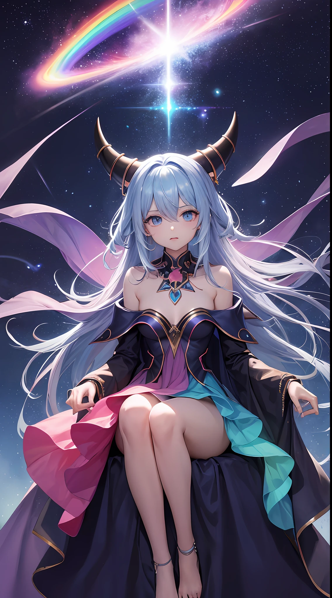 Dark Magician Girl、MKSKS style、2guys、(highly detailed back ground:1.0)、(highly detailed back ground:1.0)、masterpiece、top-quality、An ultra-high picture quality、16 K、Blue eyes、From above、Put your hands between your legs、The upper part of the body、Sitting in a plush chair、Twisting the body、Hair ornament with emerald、Reddish cheeks、Laugh、(1/2 pink and 1/2 Light blue hair、rainbow-colored hair)、(Colorful dress with a lot of draping、Rainbow dress:1.3)、Fur muffler、Silver necklace、Silver bracelet、Bad hands, bad finger, Missing fingers, Extra fingers、(Blowing in the wind:1.4)、(Ray-like pattern:1.4)、(neon-light-effect:1.2)、Aurora、night sky full of stars、shooting stars、fullmoon、natta --auto