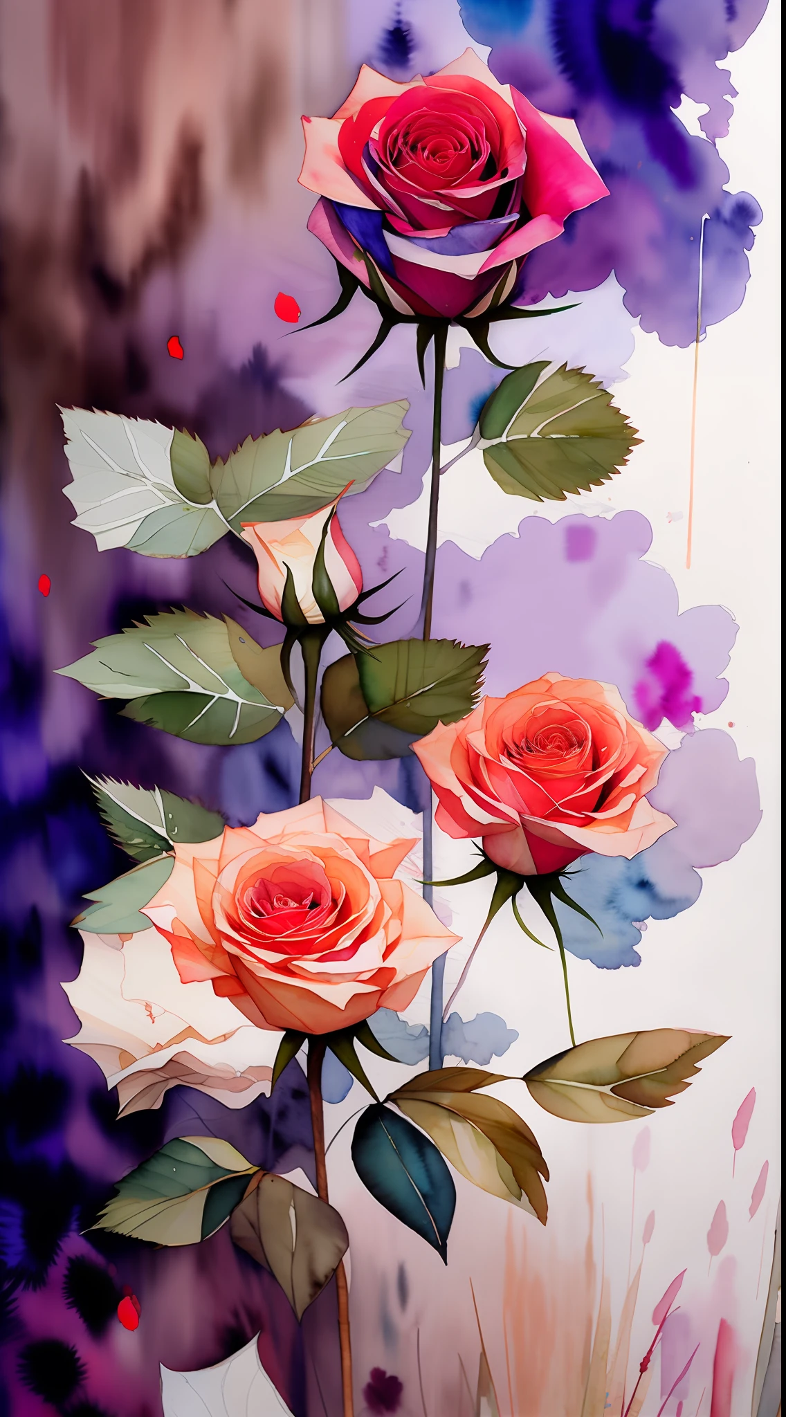 wtrcolor style, (bunch of roses) digital art, official art, blown by the wind, masterpiece, beautiful, ((watercolor)), paint splatter, intricate detail. Great detail, [dripping:0.7], Trending on Artstation, Rachel Walker