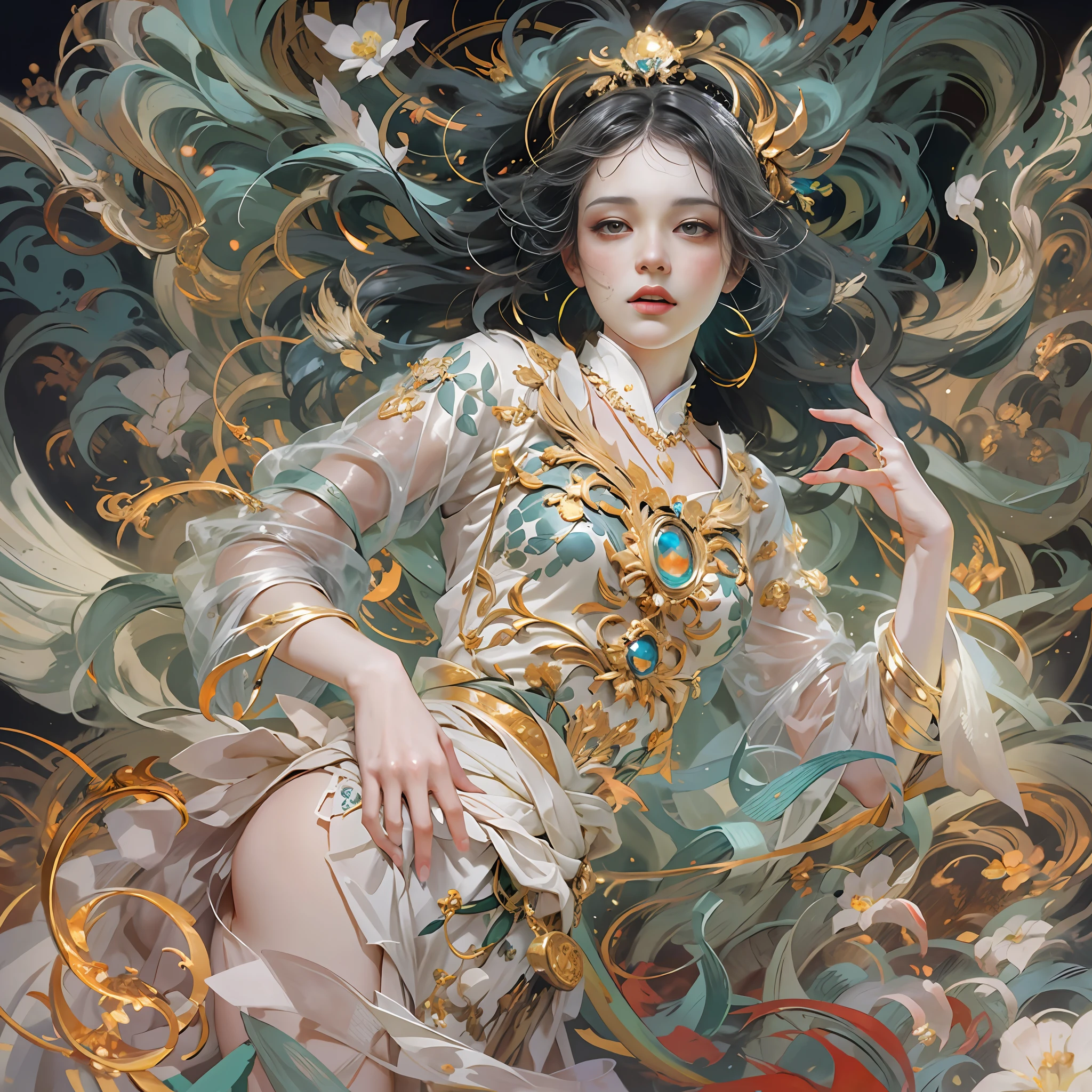 offcial art,Unified 8K wallpapers,ultra - detailed,Beauty and aesthetics,tmasterpiece,best qualtiy,(zentangle,datura,Tangles,entangled),(s fractal art:1.3),1girll,The is very detailed,dynamic angle,cow boy shot,The most beautiful form of chaos,elegant,Fauvist design,vivd colour,romanticism lain,James Jean,Robbie Devi Antono,ross tran,Francis Bacon,Michal Mraz,adrian ghenie,petra cortright,Gerhard Richter,Takato Yamamoto,Ashley Wood,Atmospheric,A note of ecstasy,streaming musical notes visible,no clothes are worn,Bouguereau,John William Goldward