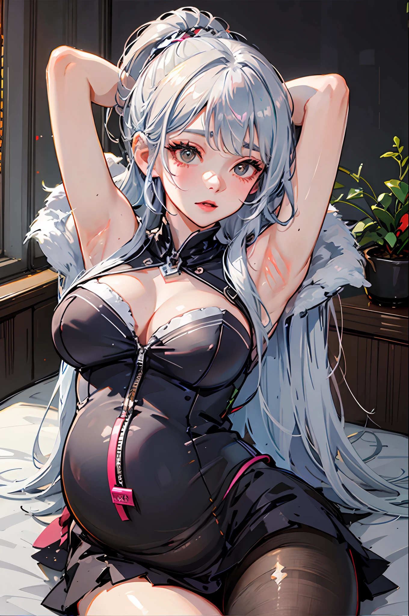 (((1个Giant Breast Girl)),Ray traching,(dim murky lights),[detailedbackground(Bedrooms)),((Silvery hair)),((Silvery hair)),(((((Fluffy silver hair,plump and slender girl))Wears a high ponytail)))Avoid golden eyes in the ominous bedroom((((Girl wears white shirt,Black wrinkled skirt,Wear yours with black sheer pantyhose),It shows a delicate and slender figure and beautiful curves,Correct limbs,sit on a bed,Put your hands behind your head,Put both hands behind your head,Pregnant belly,Pregnant belly,Pregnant women with