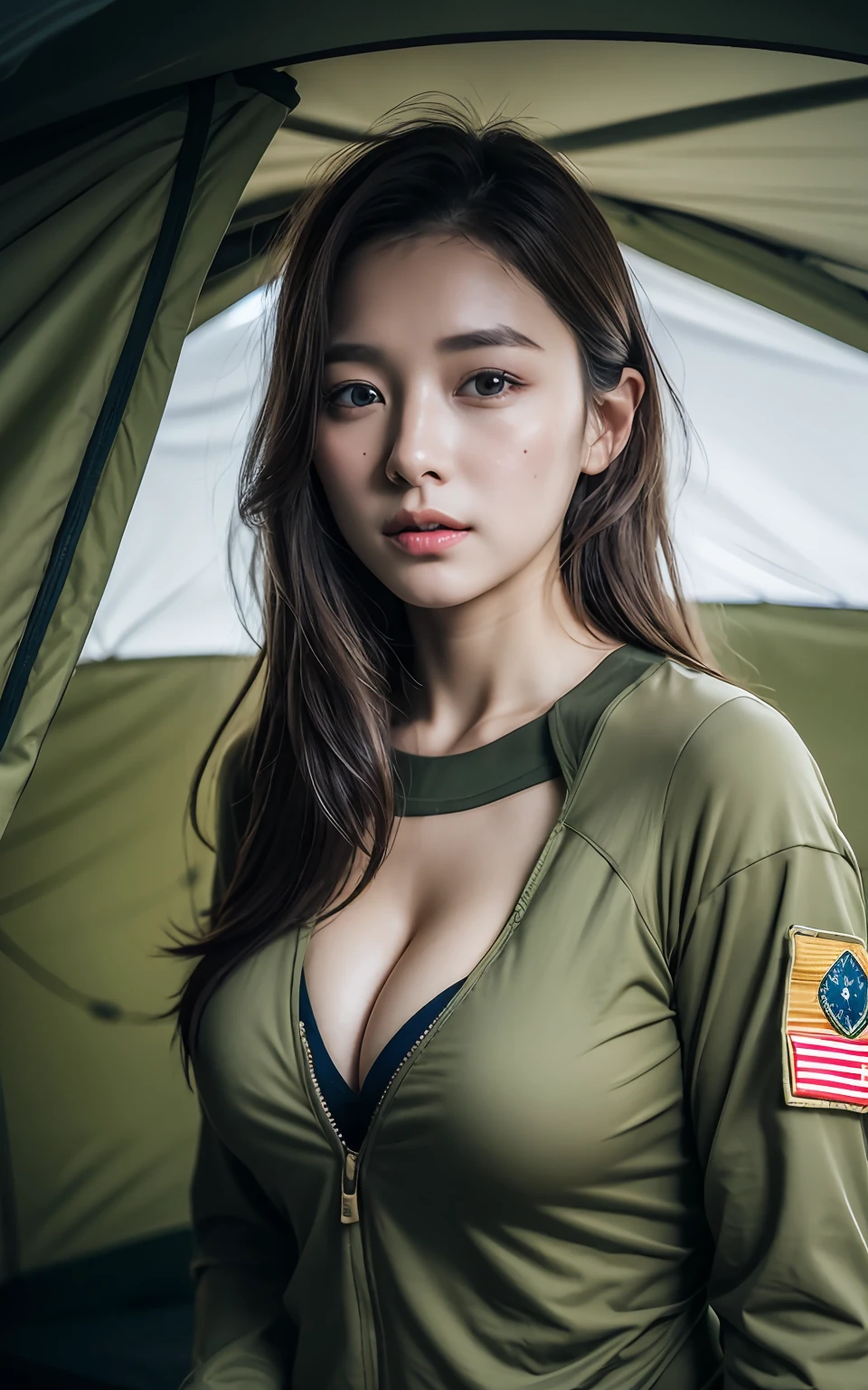 Highly detailed CG Unity 8k wallpaper, top quality, super detailed, masterpiece, realistic, photorealistic, highly detailed cute girl, 25 years old,
(tactical clothes), (military clothes), inside the tent , lay down ,blush, round eyes, medium breasts, cleavage ,viewer, cowboy shot,